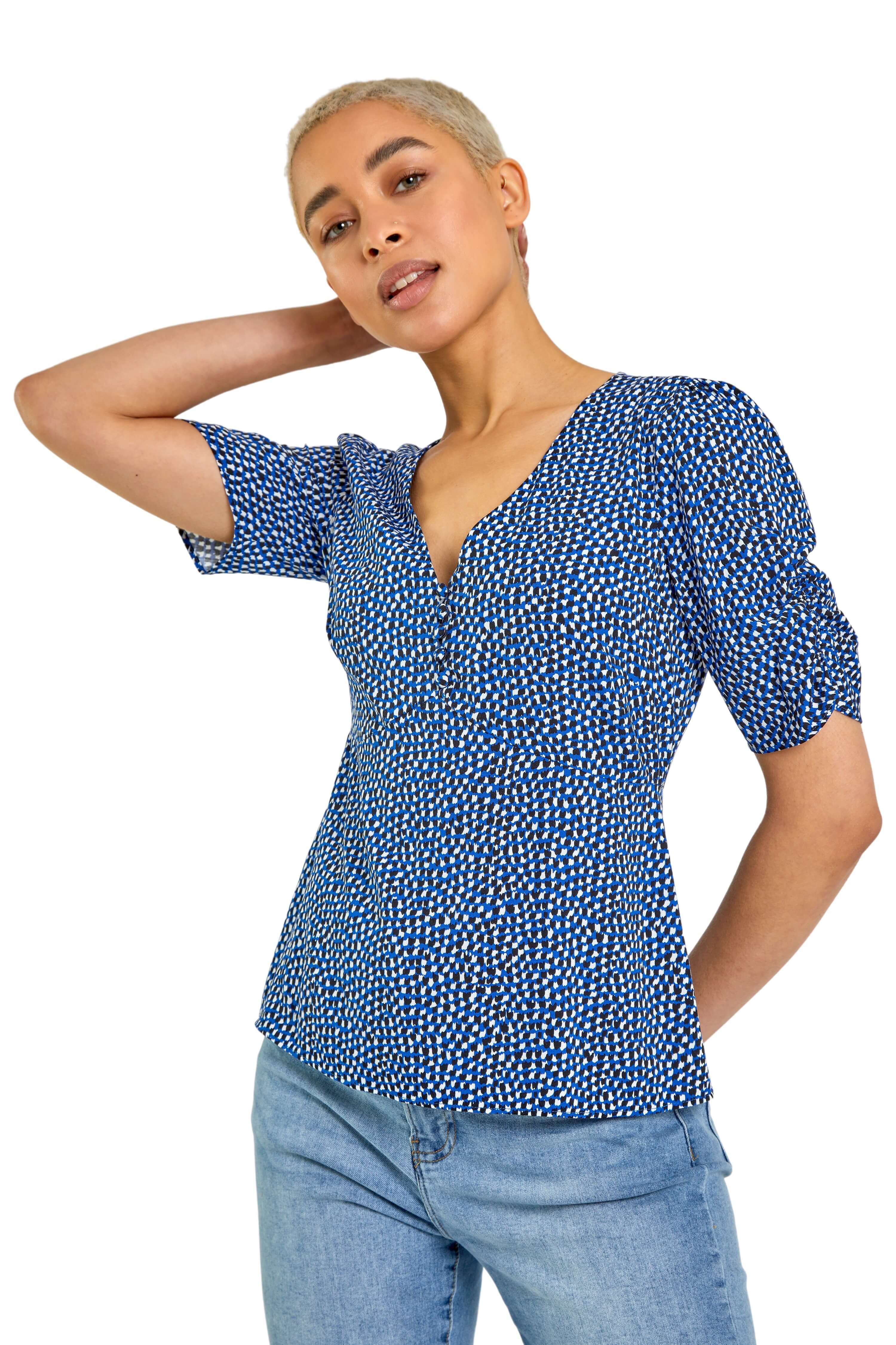 Dusk Womens Ditsy Spot Button Detail Top - Blue Denim - Size 12 UK