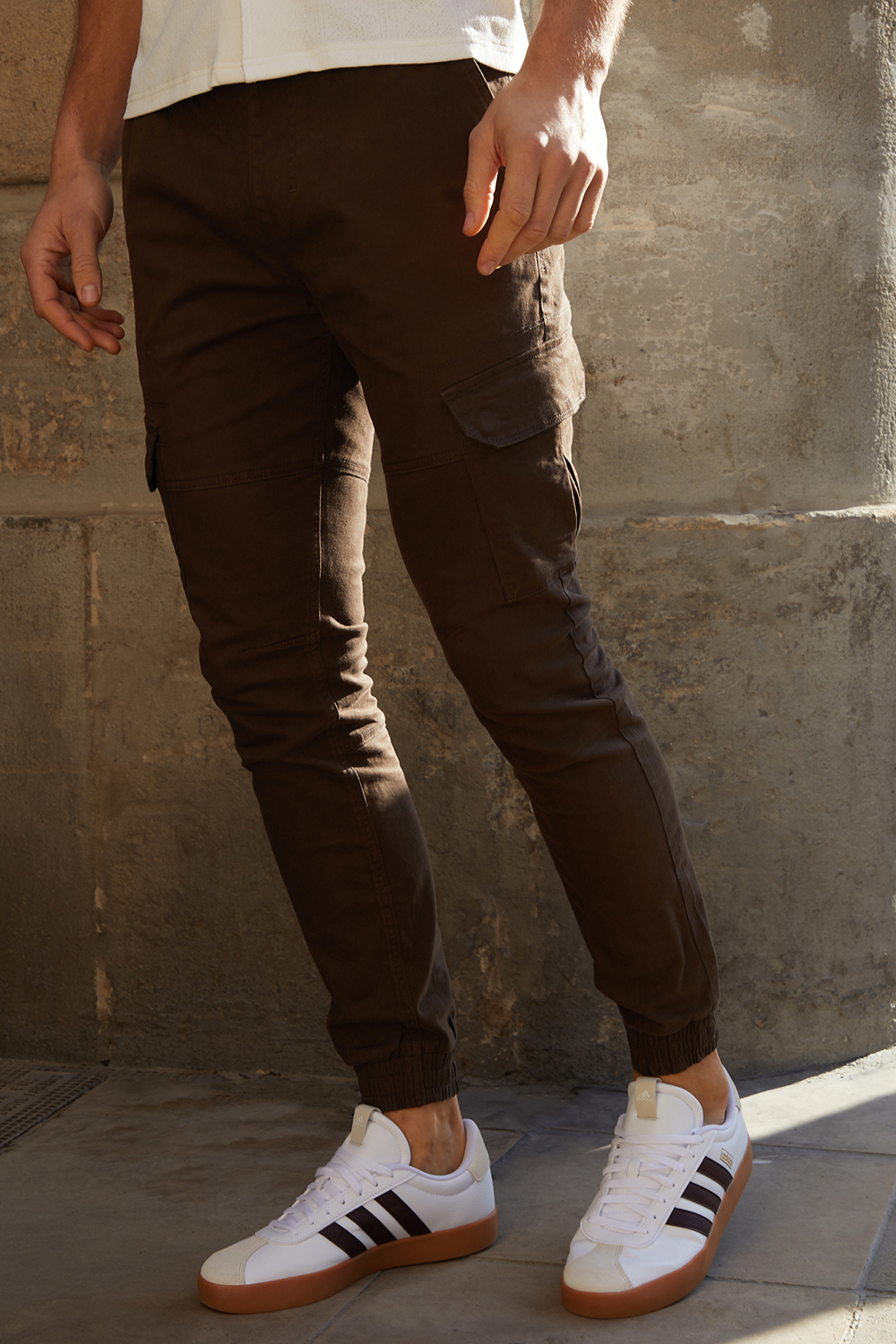 Threadbare Mens Chocolate 'Belfast' Cotton Jogger Style Cargo Trousers With Stretch - Size Large