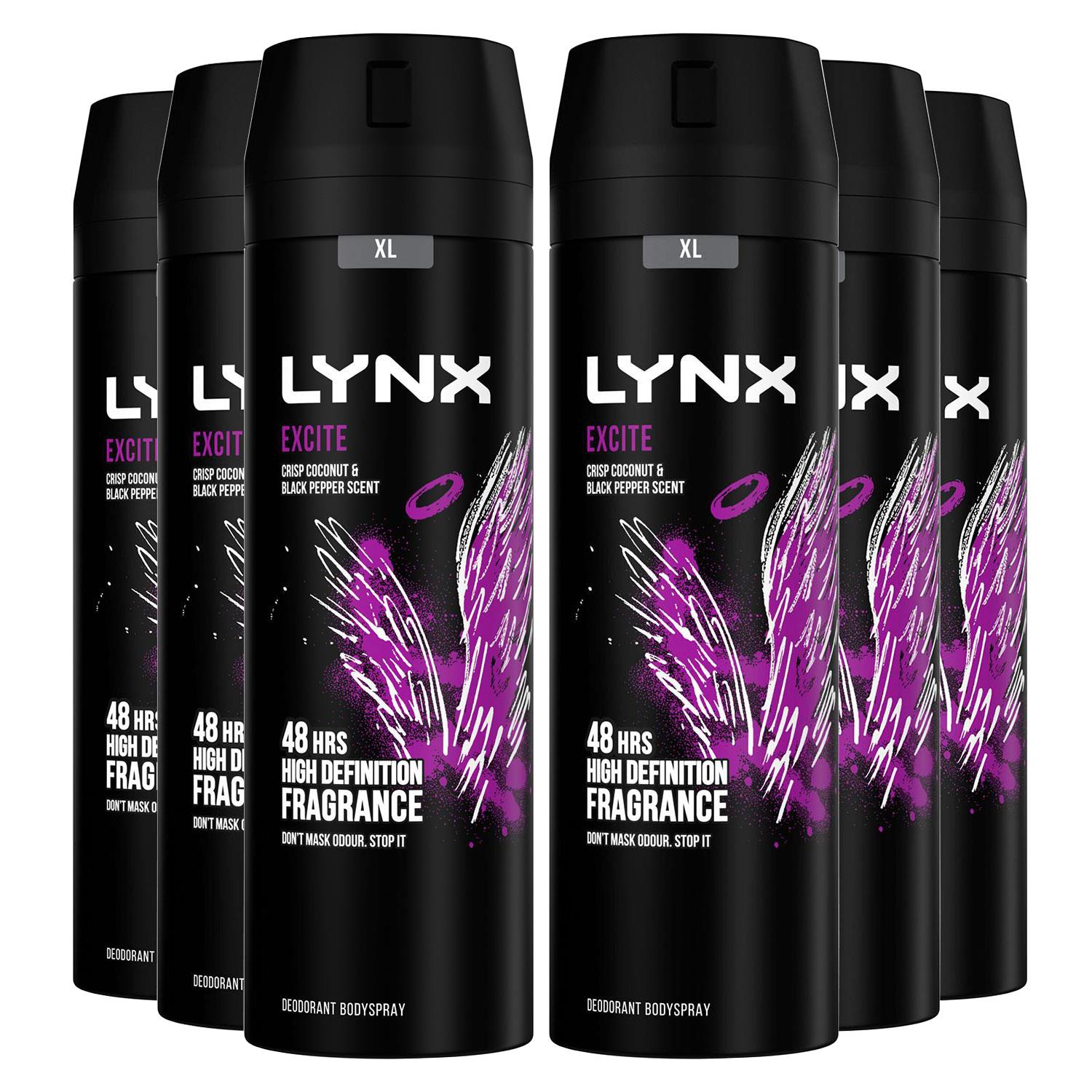 Lynx Mens XL 48-H High Definition Fragrance Excite Body Spray Deodorant 6 Pack, 200ml - Black Lace - One Size