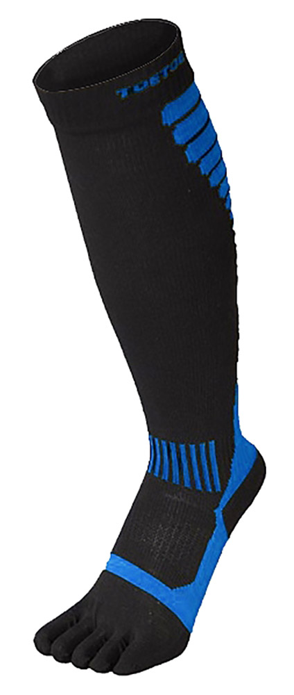 TOETOE - Mens & Ladies Moisture Wicking Sports Compression Knee High Toe Socks - Black & Blue - Size UK 6-8