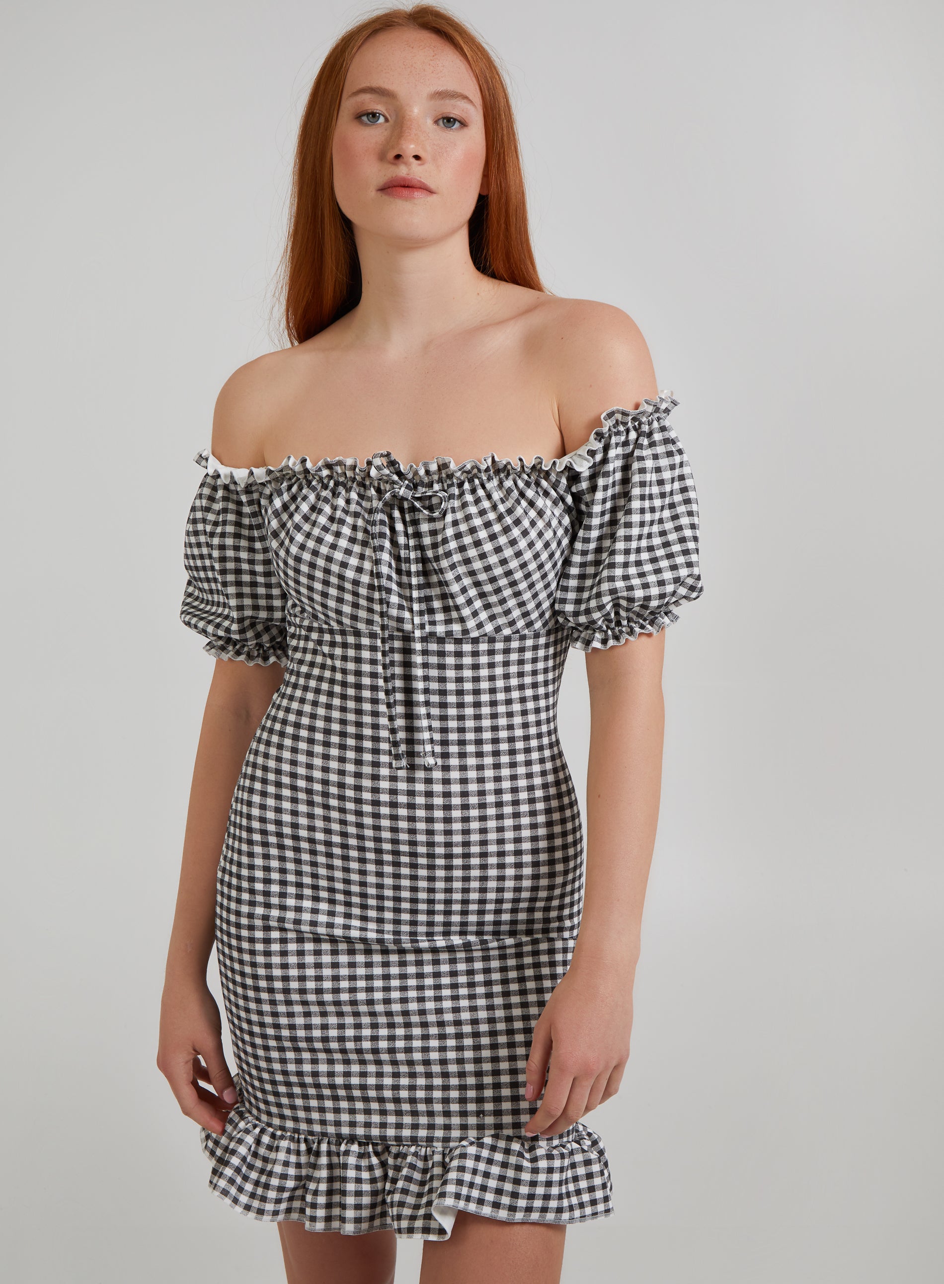 Pink Vanilla Womens Gingham Gypsy Bardot Dress - Black - Size 8 UK