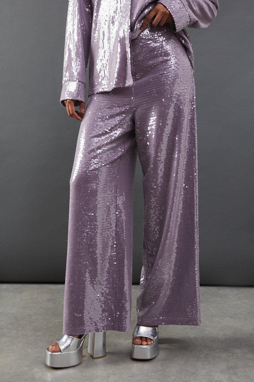 Warehouse Womens Sequin High Waist Straight Leg Trouser - Lilac - Size 8 UK