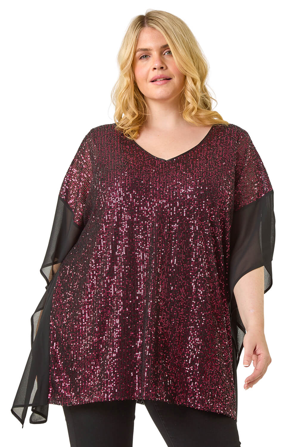 Roman Womens Curve Full Sequin Chiffon Overlay Top - Maroon - Size Uk 22-24