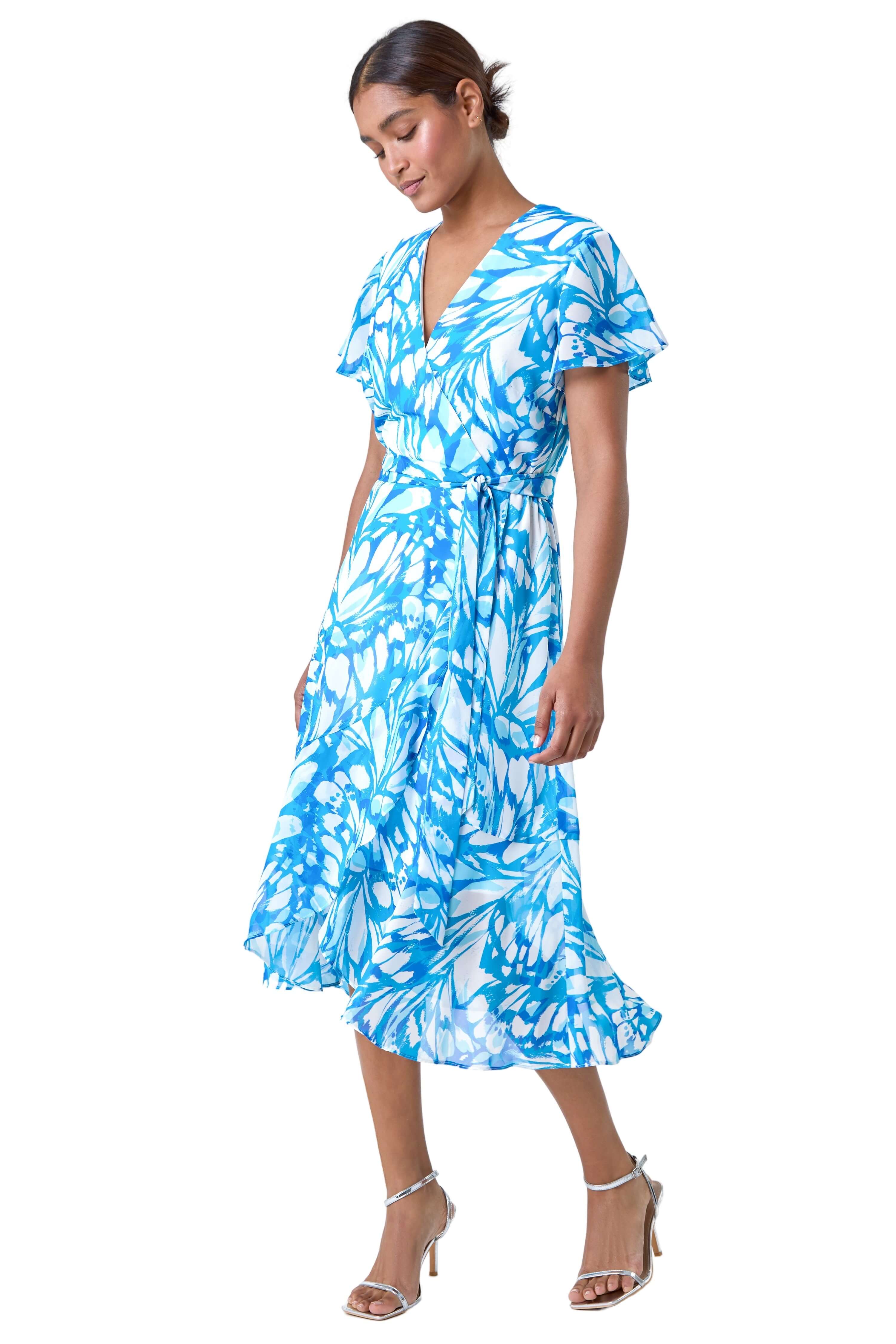 Roman Womens Butterfly Print Chiffon Wrap Dress - Blue - Size 12 UK