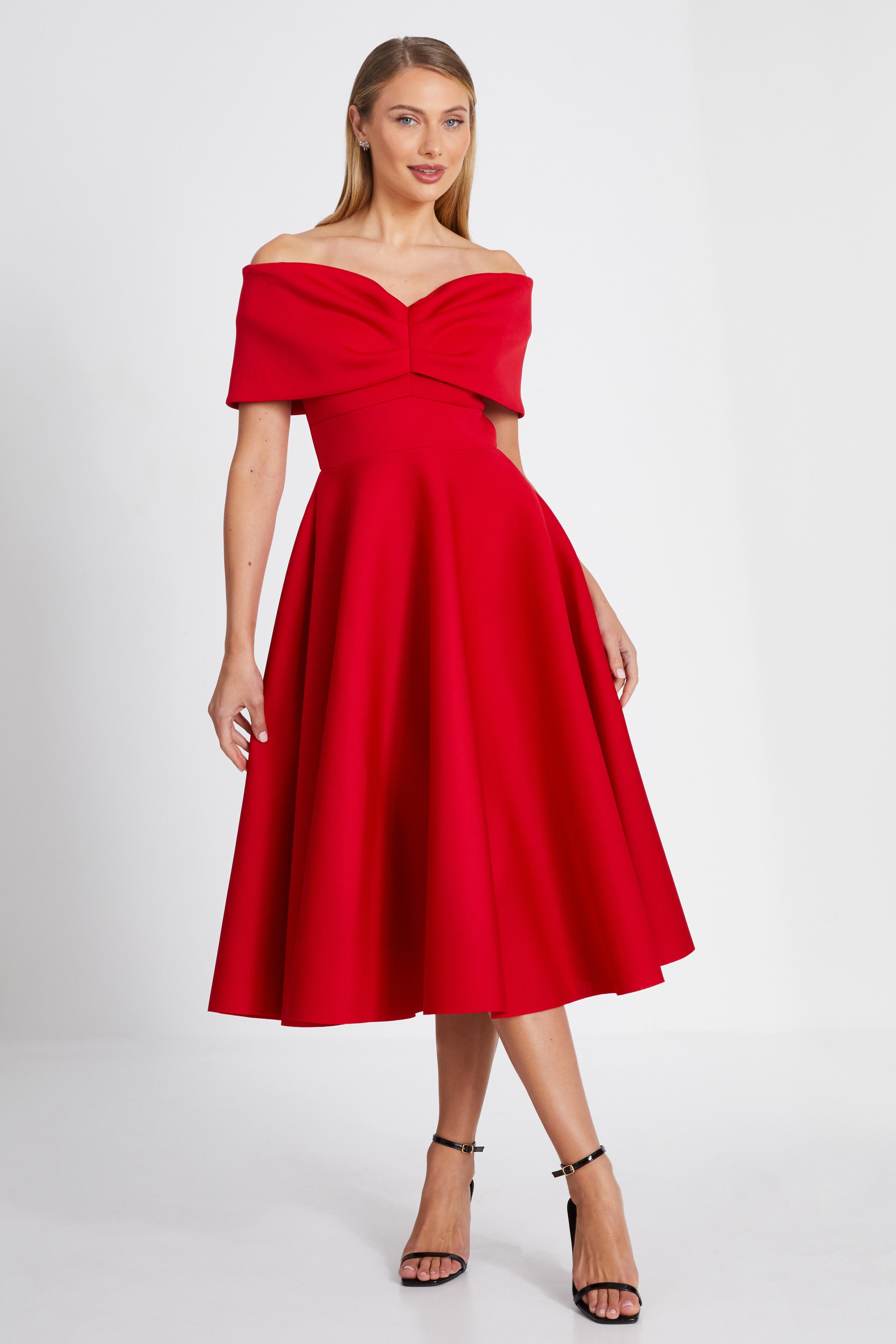 Quiz Womens Red Bardot Skater Midi Dress - Size 16 Uk