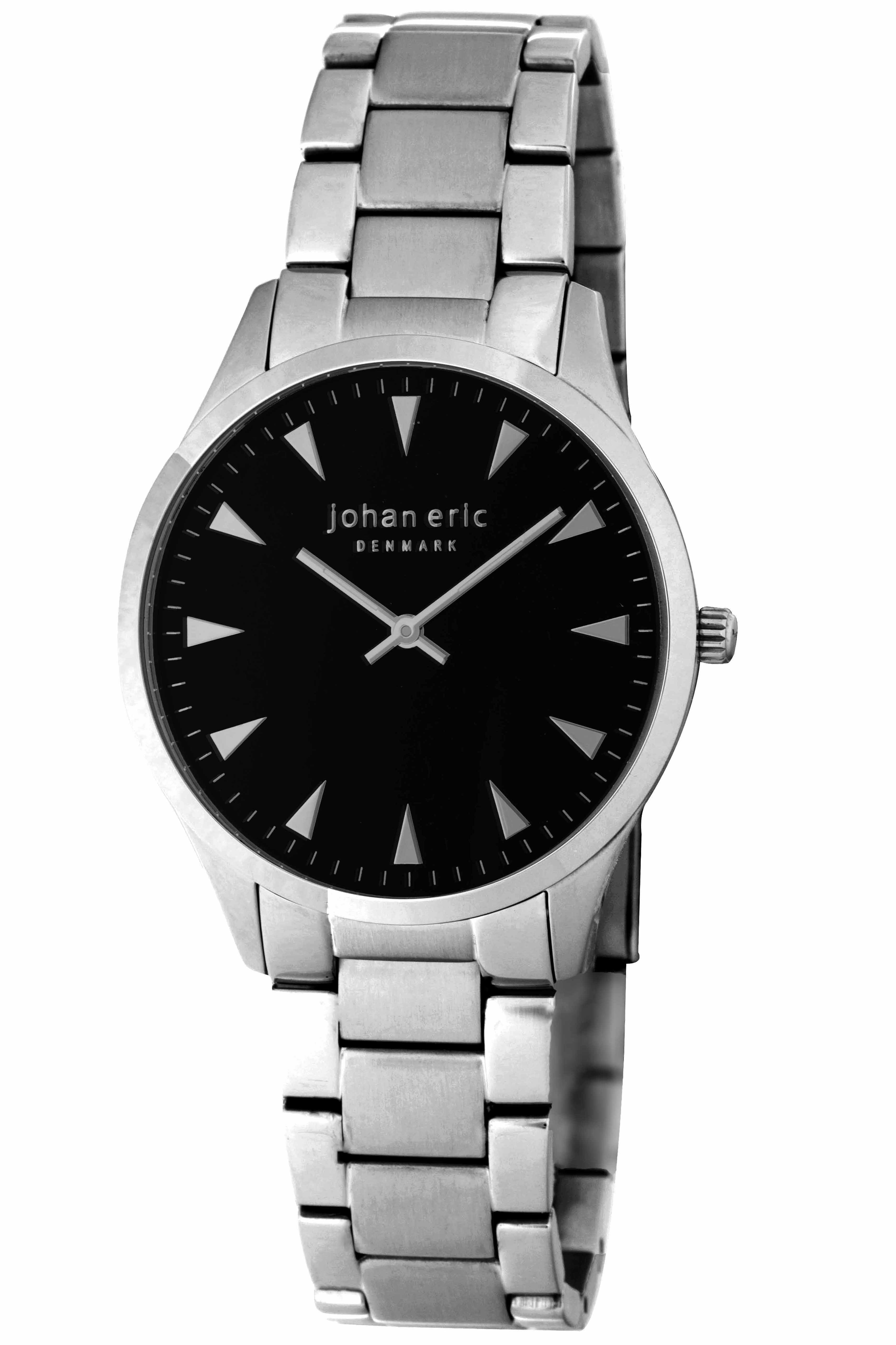 Johan Eric : helsing¸r, Mens, black dial watch w triangular hr-markers, brushed and polished solid stainless steel bracelet - Silver - One Size