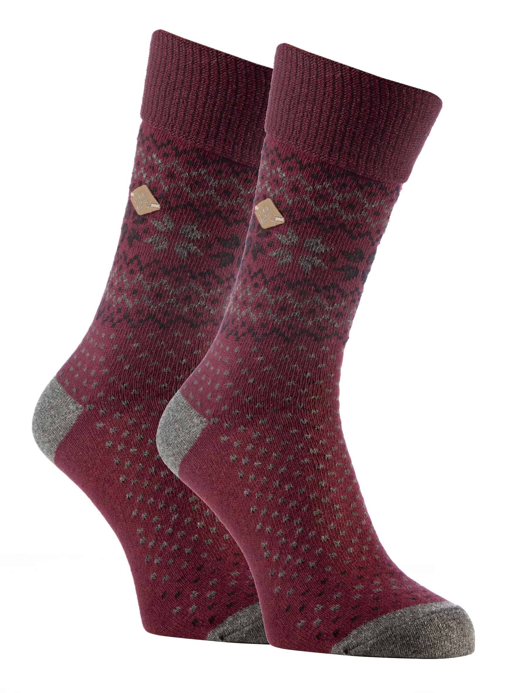 Farah 2 Pack Mens Winter Fairisle Patterned Formal Dress Socks for Boots - Red Cotton - Size UK 6-11