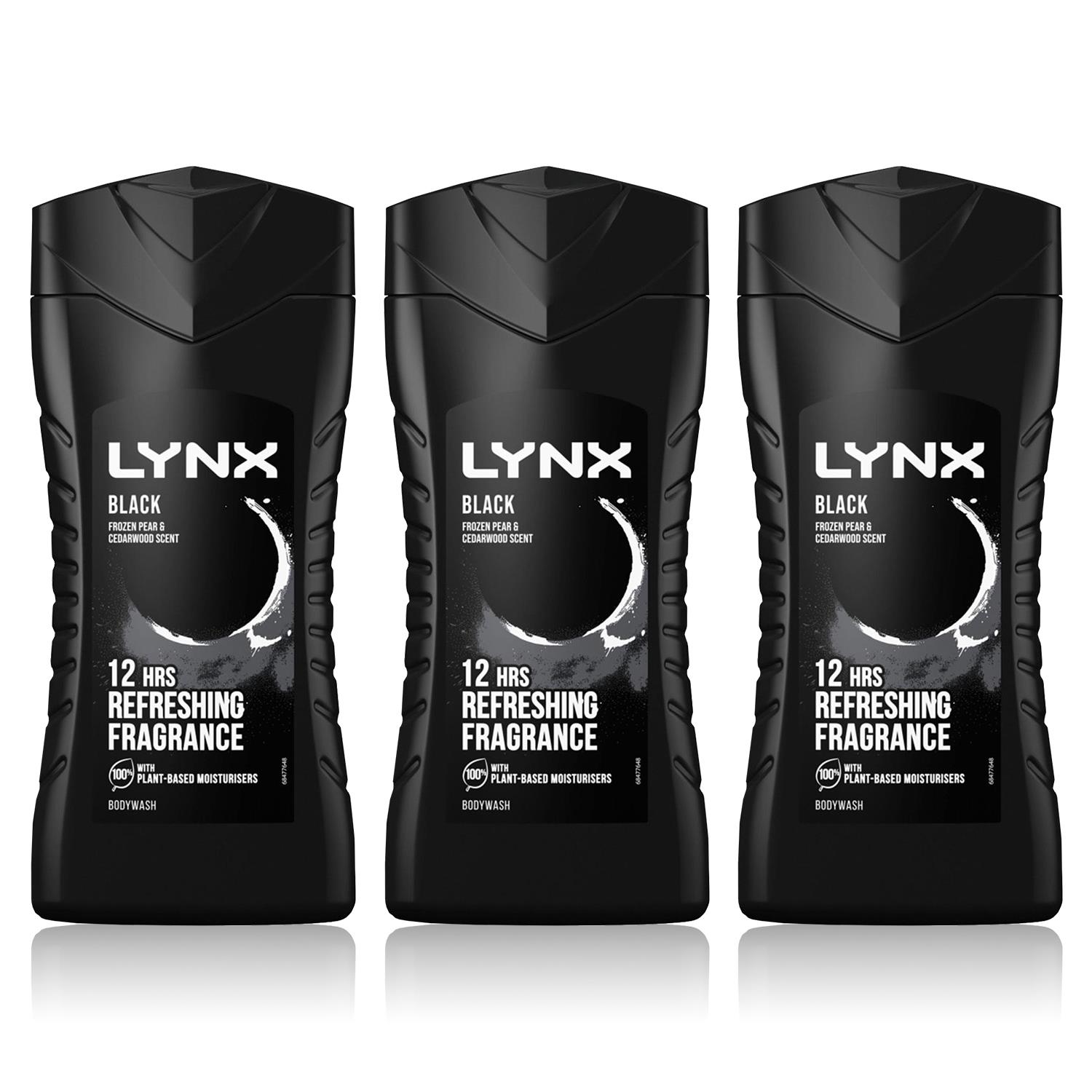 Lynx Mens Black 12-H Refreshing Fragrance Shower Gel Body Wash for Men 3x225ml - One Size