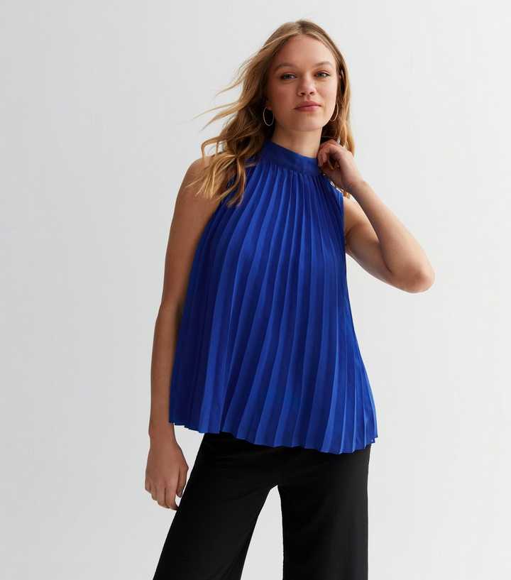 Gini London Womens High Neck Pleated Skater Top - Blue - Size 12 UK