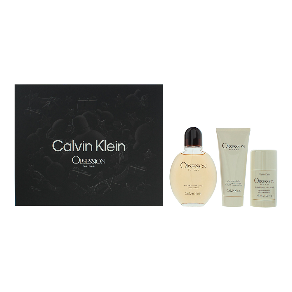 Calvin Klein Mens Obsession For Men Eau De Toilette 125ml, Aftershave Balm 75ml + Deodorant Stick 75g Gift Set - One Size