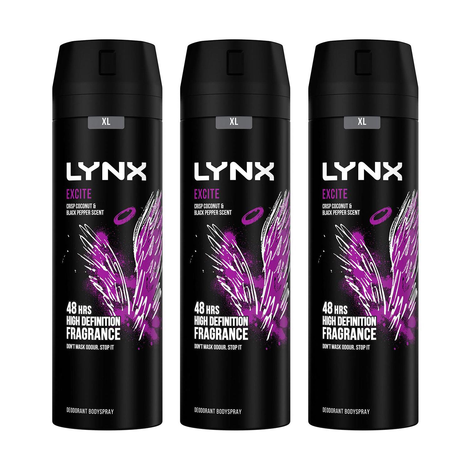 Lynx Mens XL 48-H High Definition Fragrance Excite Body Spray Deodorant 3 Pack, 200ml - One Size