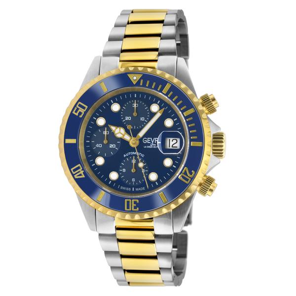 Gevril Mens 4151A Wall Street Chronograph Swiss Automatic ETA Valjoux 7750 Blue Dial Watch - Silver & Gold - One Size