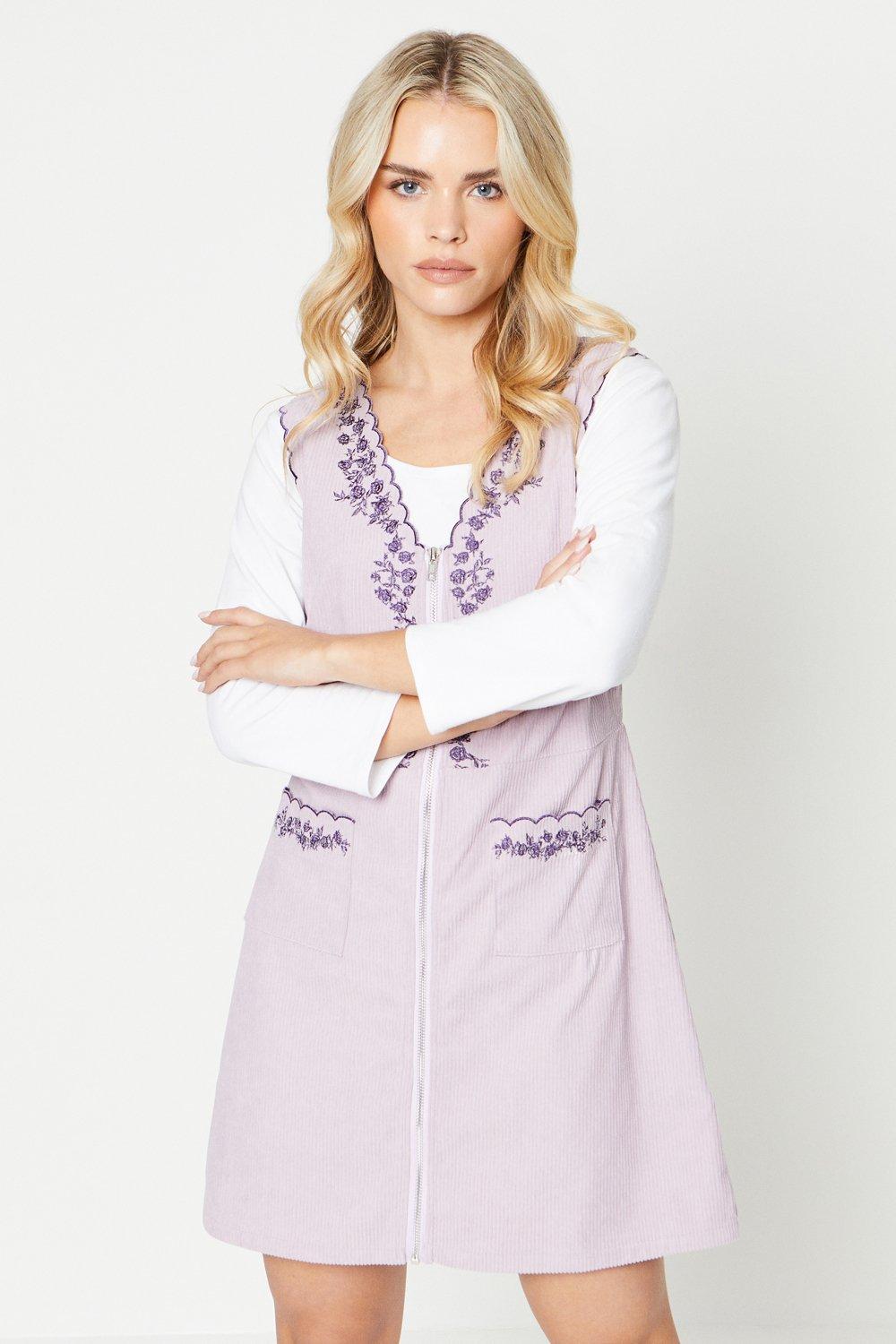 Oasis Womens Petite Cord Scallop Edge Embroidered Pinafore Dress - Lilac - Size 16 UK