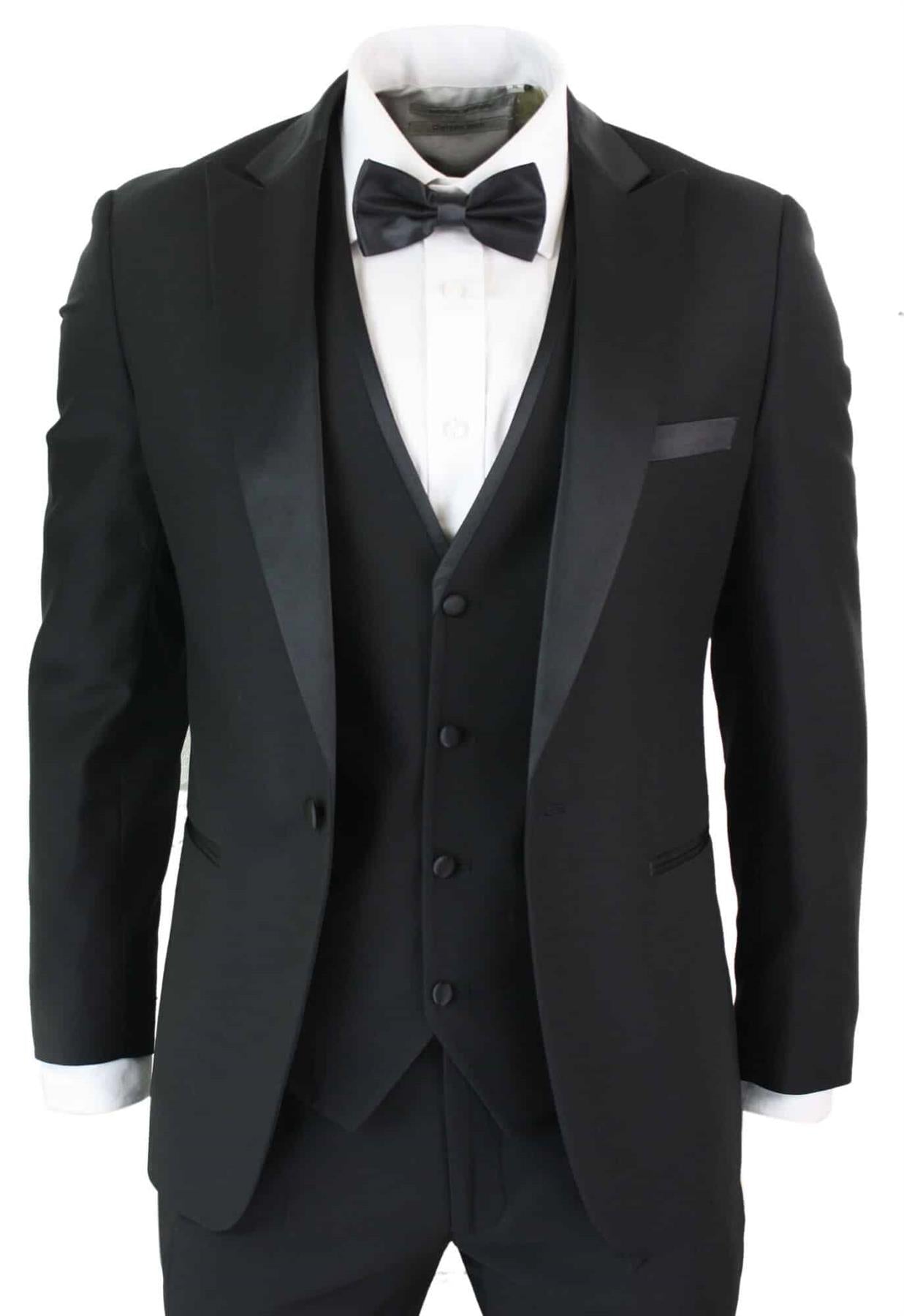 Paul Andrew Mens 3 Piece Black Tuxedo Suit Classic Satin Dinner Tailored Fit Wedding Prom - Size 38 (Chest)