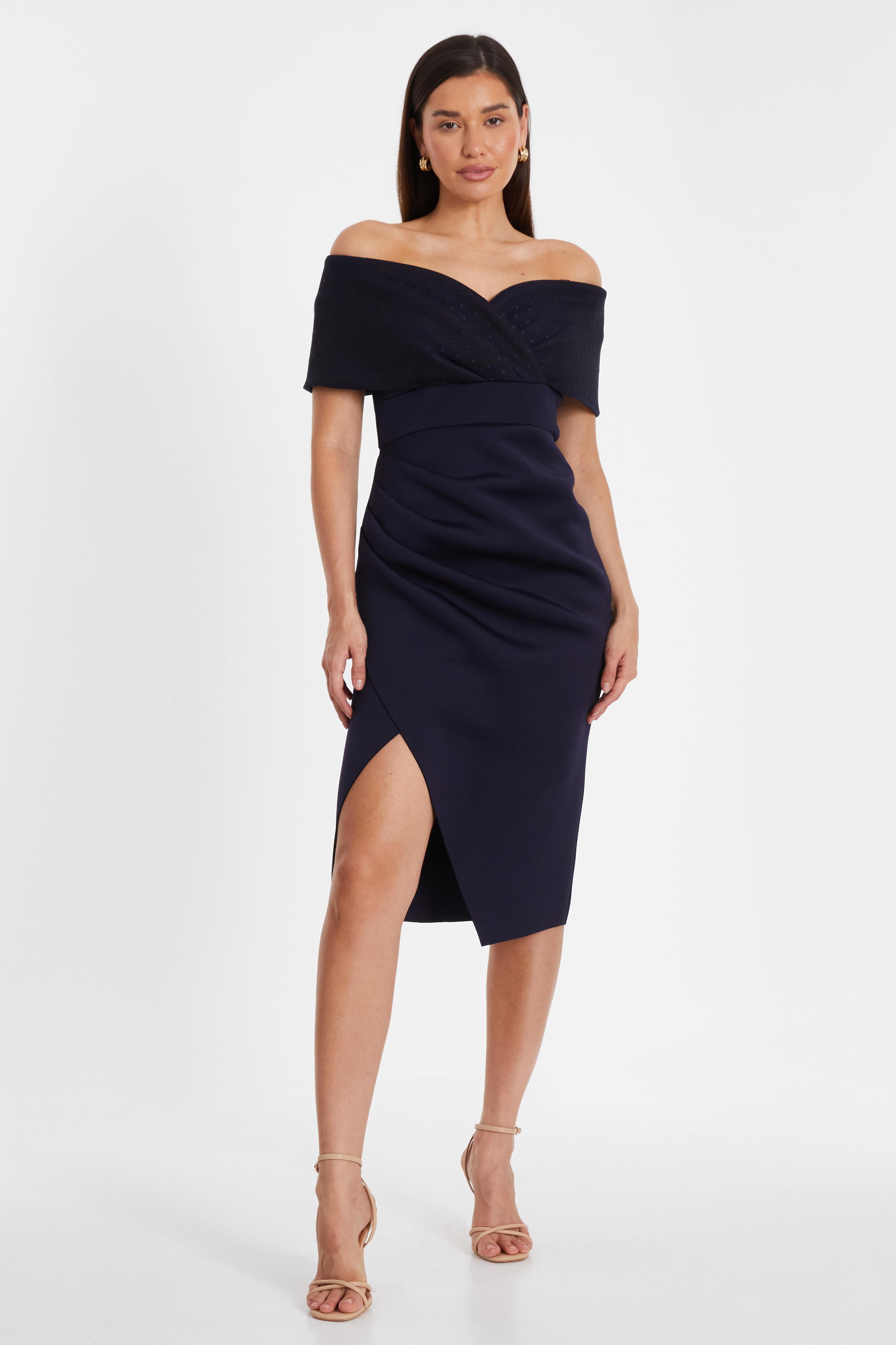 Quiz Womens Navy Bardot Ruched Midi Dress - Size 10 UK