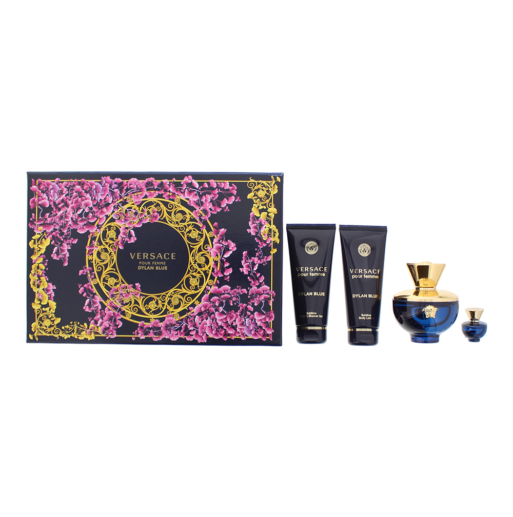 Versace Womens Dylan Blue Pour Femme Eau De Parfum 100ml, Shower Gel Body Lotion + Eau De 5ml Gift Set - Apple - One Size