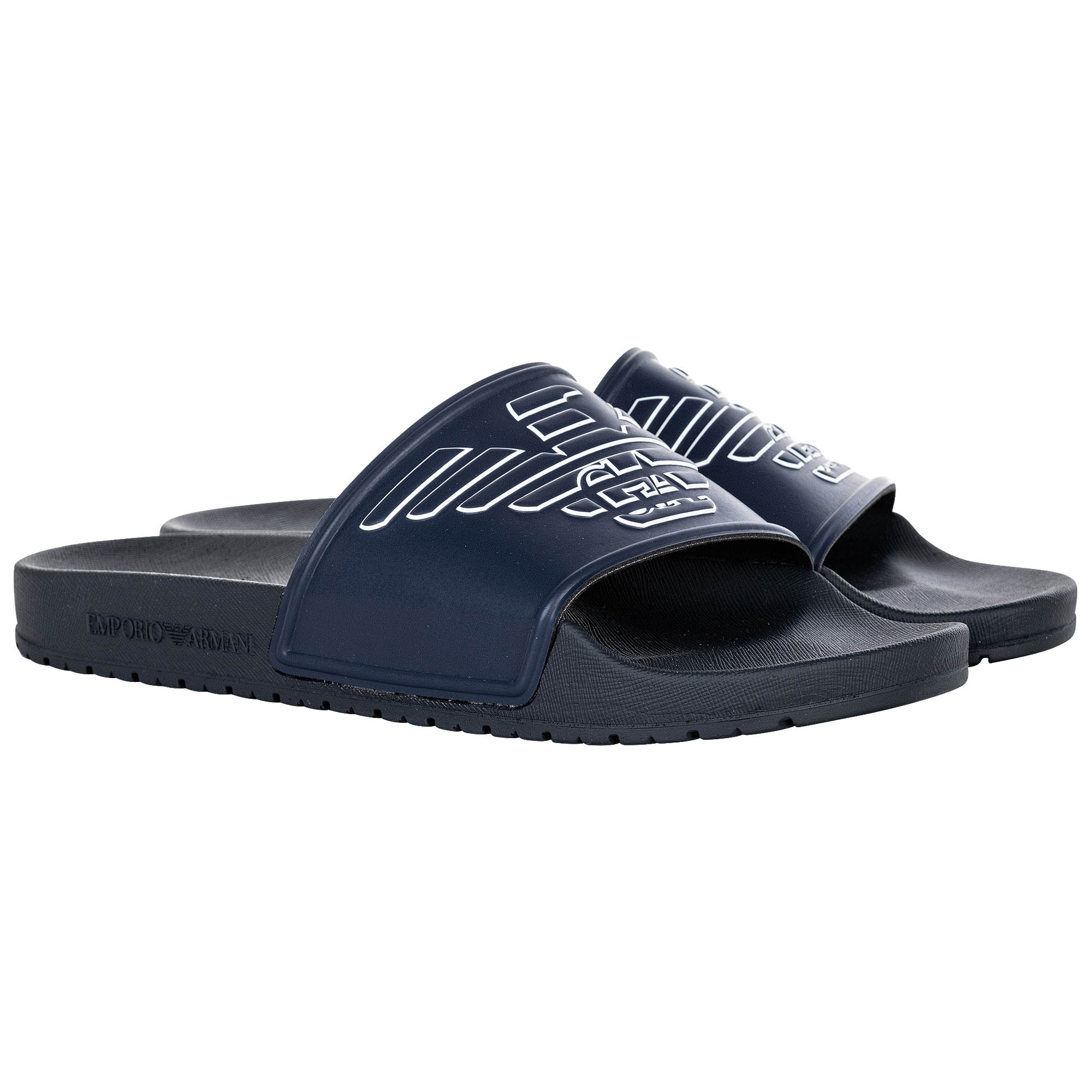 Men's Armani Eagle Logo Sliders in Navy-White