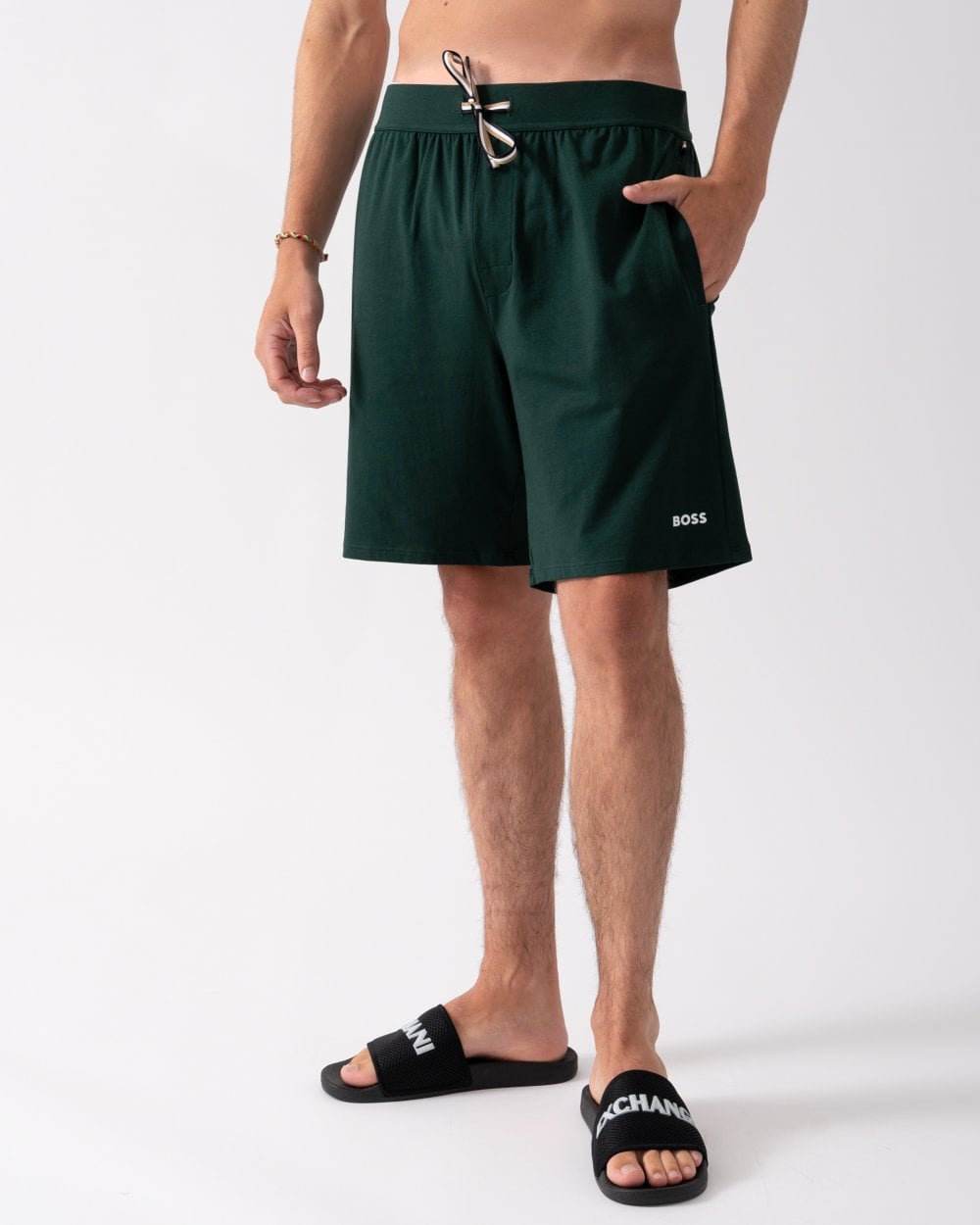 Boss Orange Unique Mens Stretch-Cotton Pyjama Shorts with Logo Print - Green - Size Medium