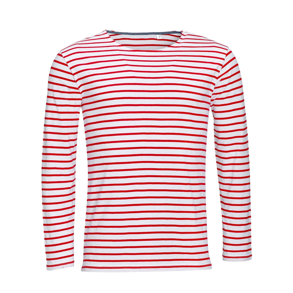 SOLS Mens Marine Long Sleeve Stripe T-Shirt (White/Red) Cotton - Size X-Large