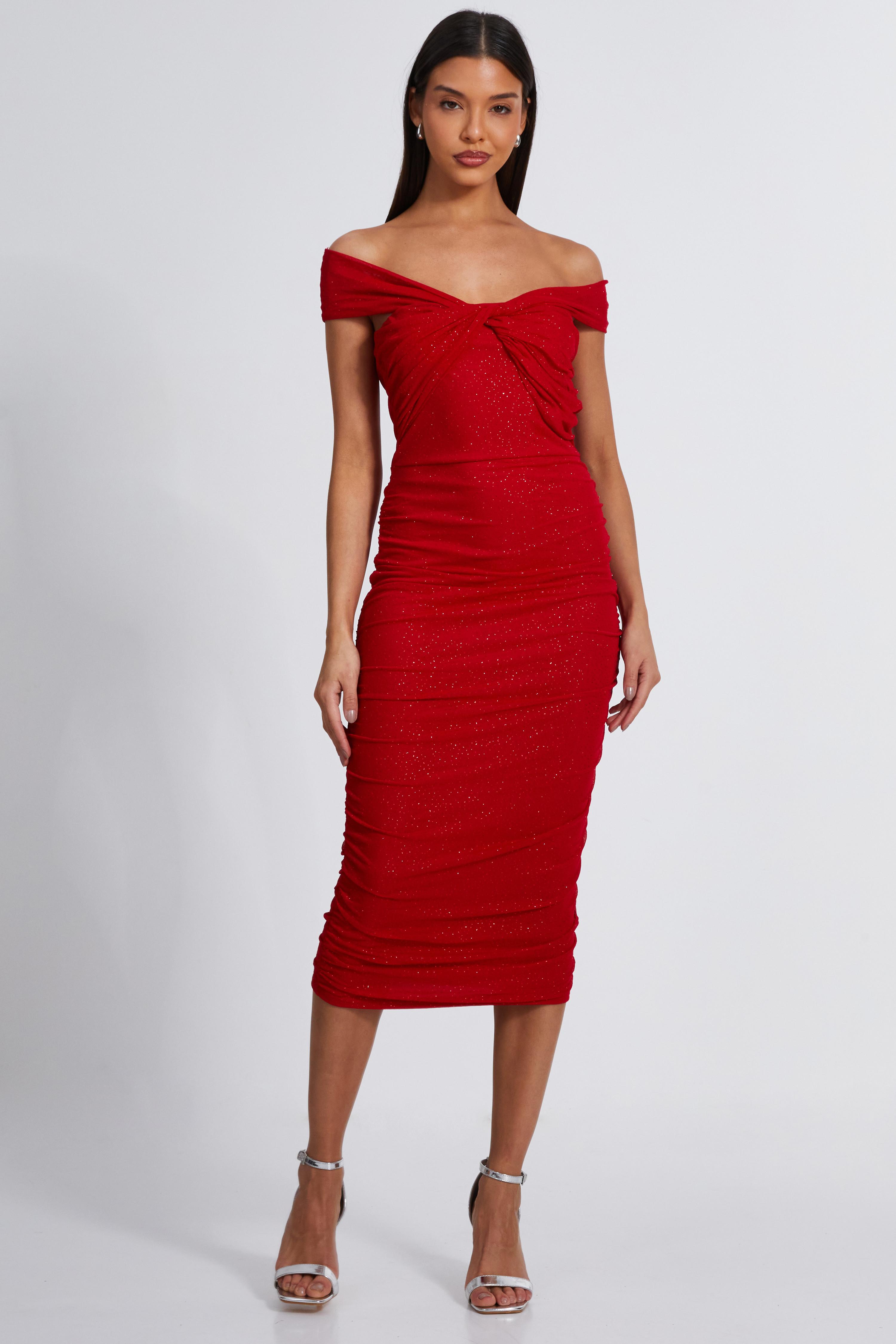Quiz Womens Red Glitter Mesh Midi Dress - Size 6 Uk