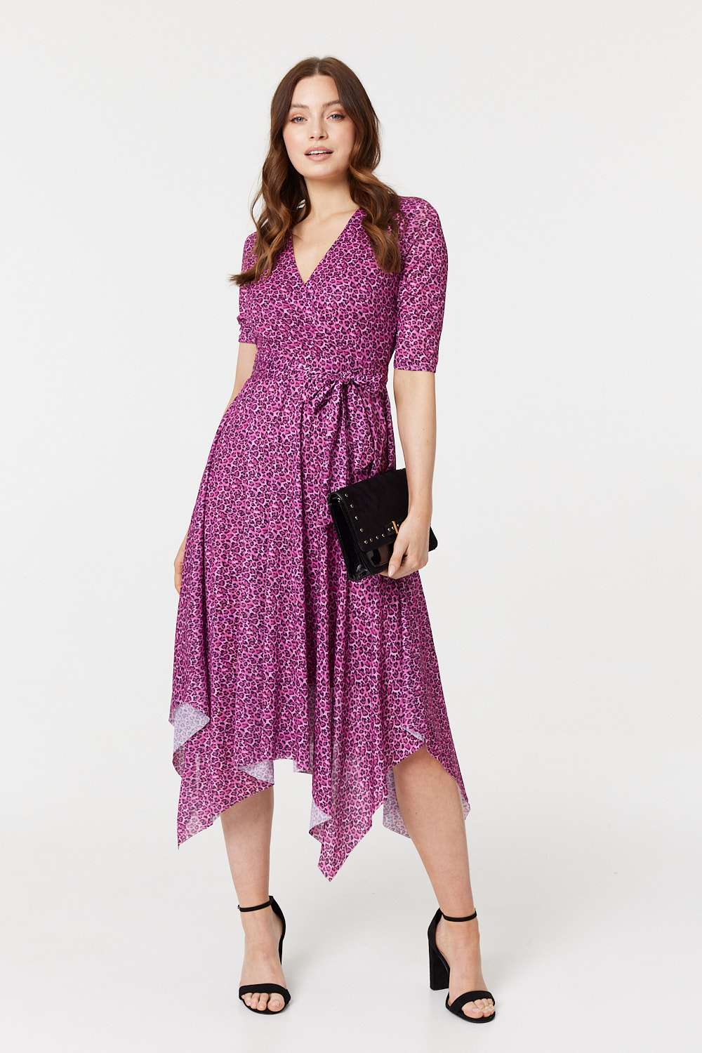 Izabel London Womens Pink Animal Print Tie Waist Midi Dress - Size 12 UK