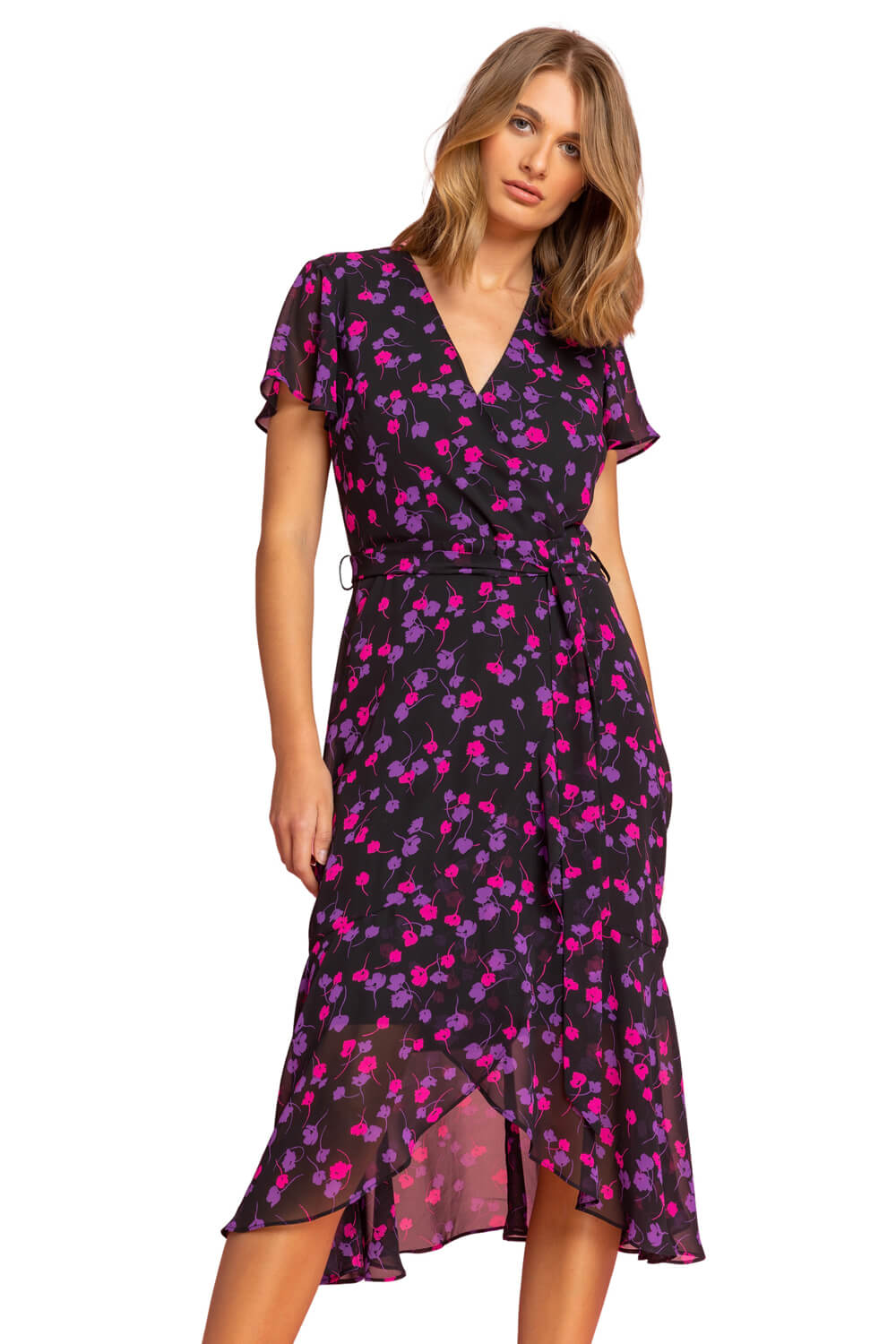 Roman Womens Floral Frill Detail Wrap Dress - Black - Size 14 UK