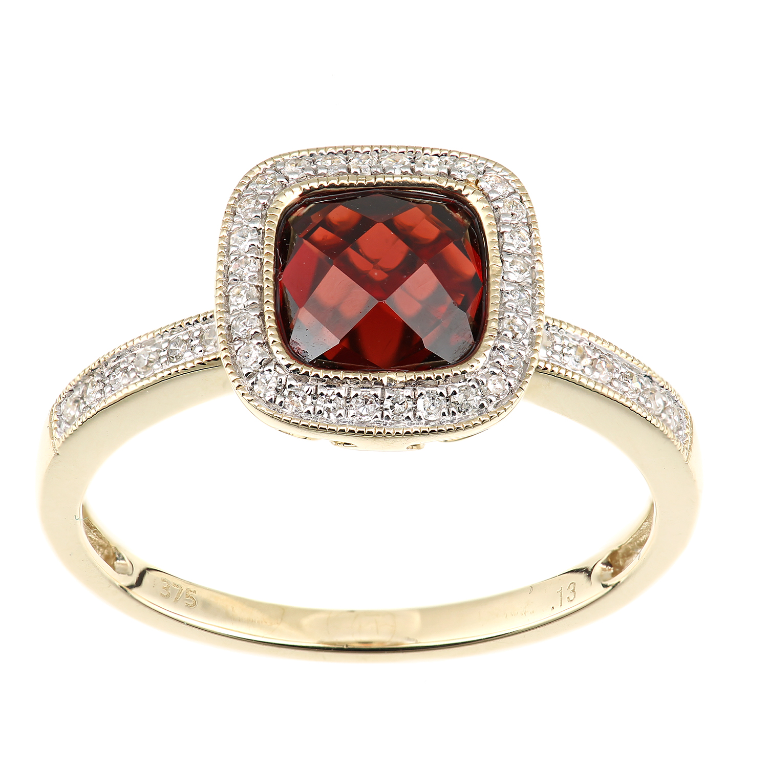 Diamant L'Eternel Womens 9ct Yellow Gold Diamond and Garnet Square Cut Gemstone Ring - Size L