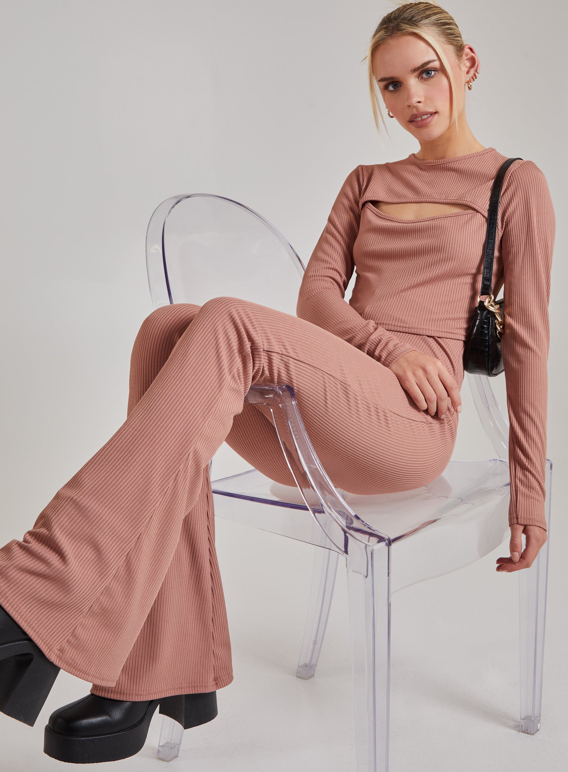 Pink Vanilla Womens Ribbed Flare Trousers - Mocha - Size 6 UK