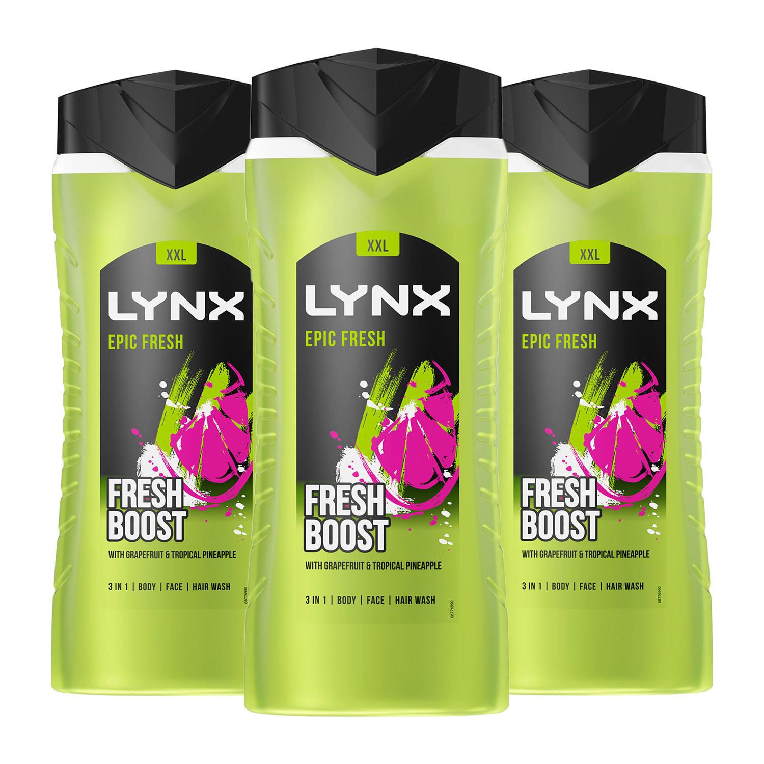 Lynx Mens Epic Fresh Shower Gel Grapefruit & Tropical Pineapple Scent 500ml, 3 Pack - NA Silk - One Size