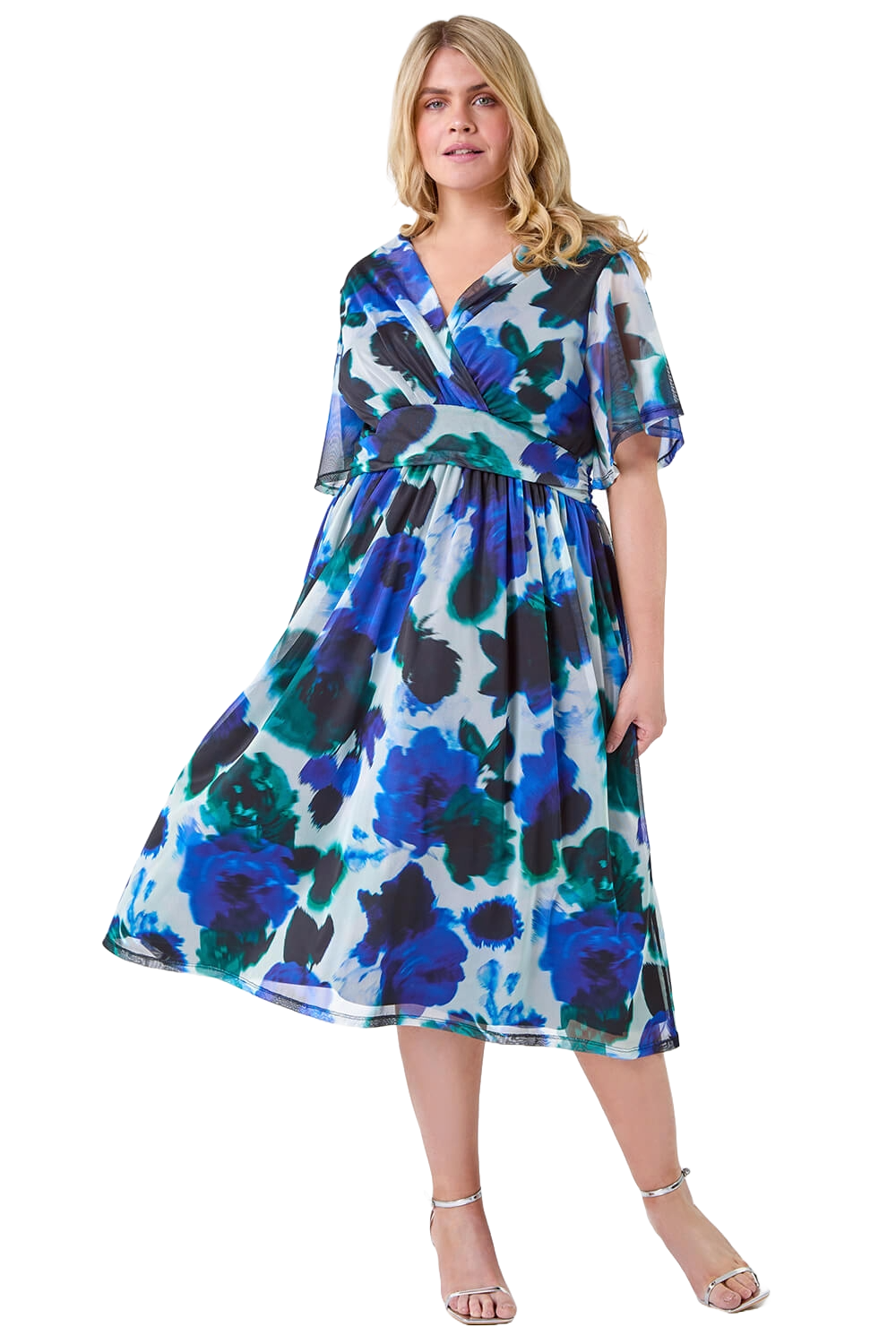 Roman Curve Womens Abstract Print Stretch Mesh Wrap Dress - Blue - Size 20 Uk
