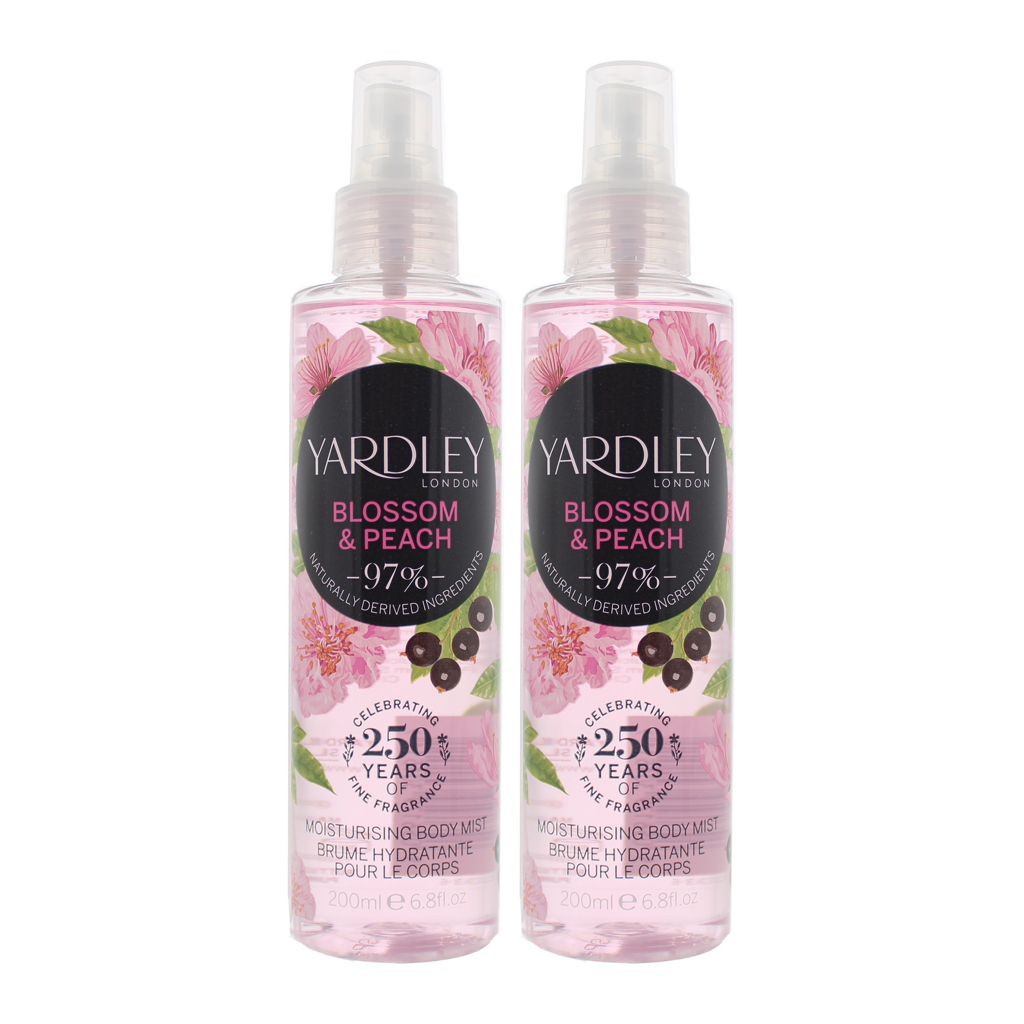 Yardley Womens Blossom & Peach Moisturising Body Mist 200ml x 2 - One Size