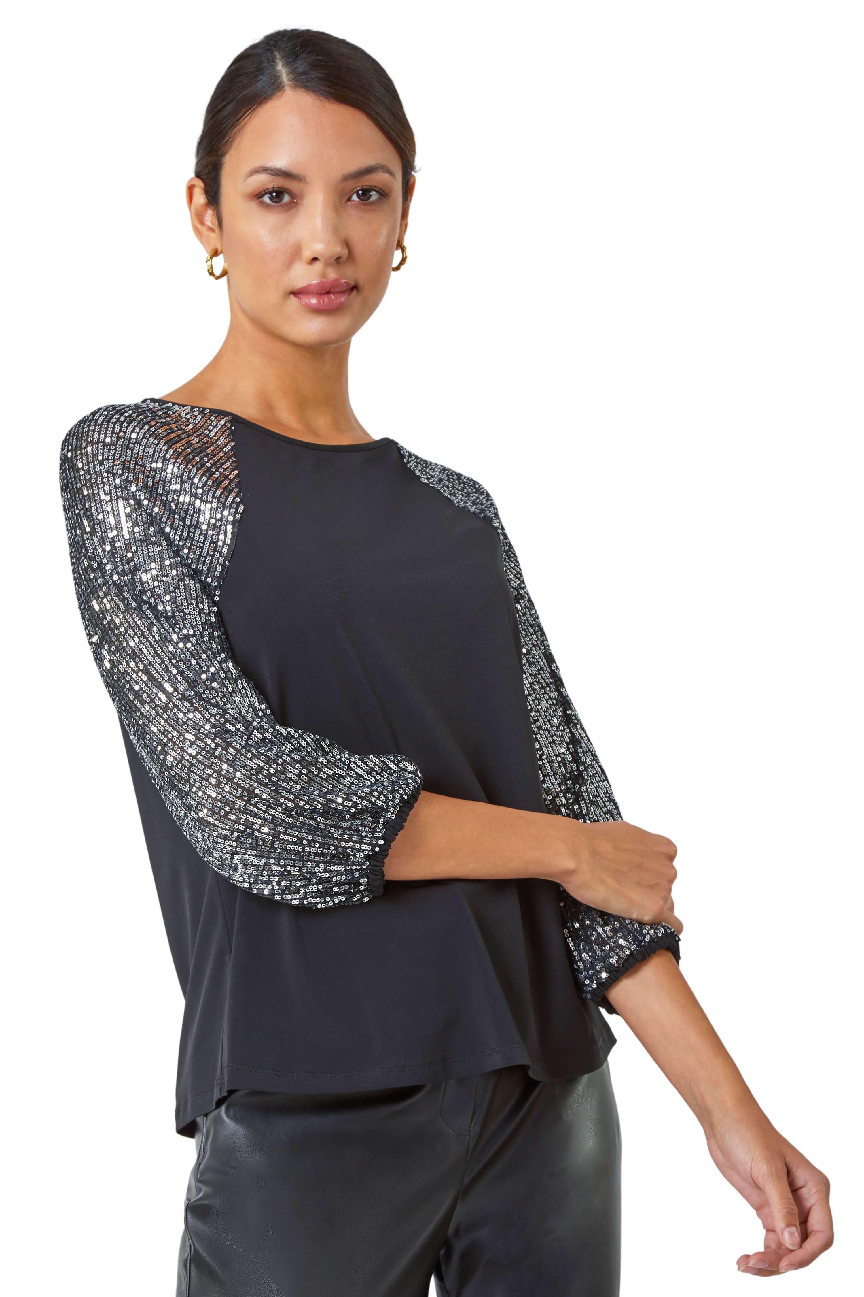 Roman Womens Sequin Sleeve Stretch Jersey Top - Silver - Size 18 UK