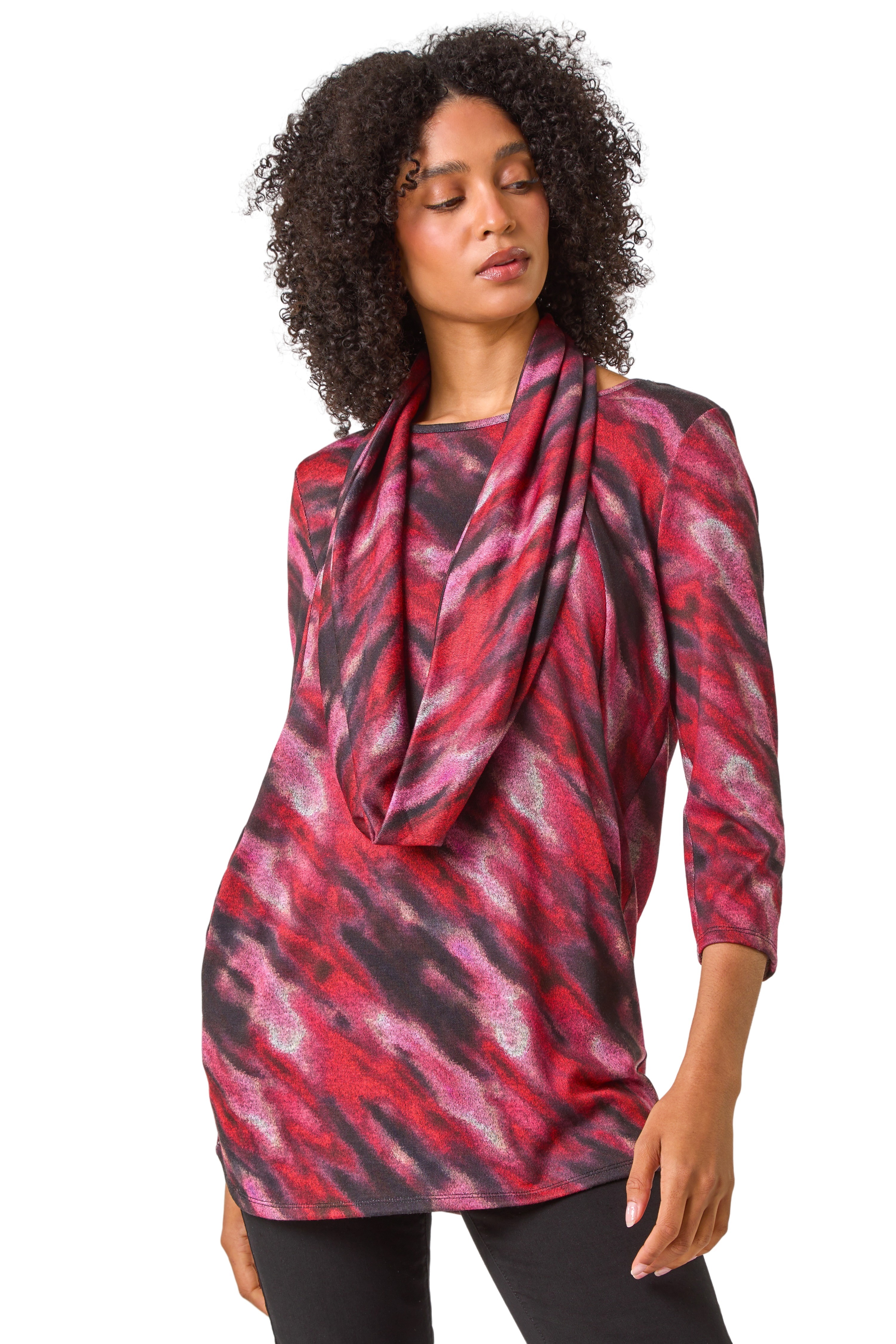 Roman Womens Abstract Print Pocket Top with Snood - Pink - Size 16 UK