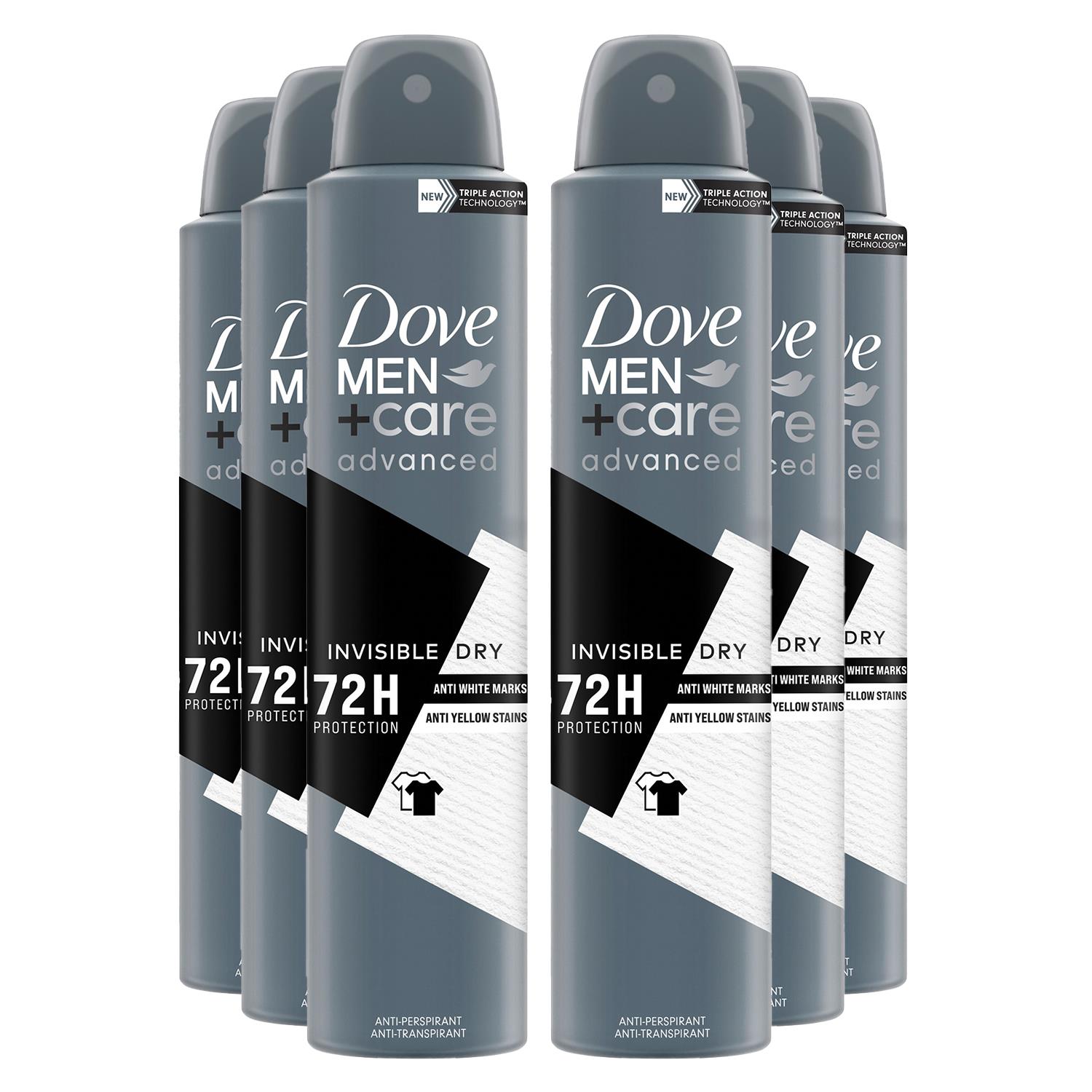 Dove Mens Anti-Perspirant Men+Care Advanced Invisible Dry 72H Protection Deo, 200ml, 6 Pack - Cream Lace - One Size