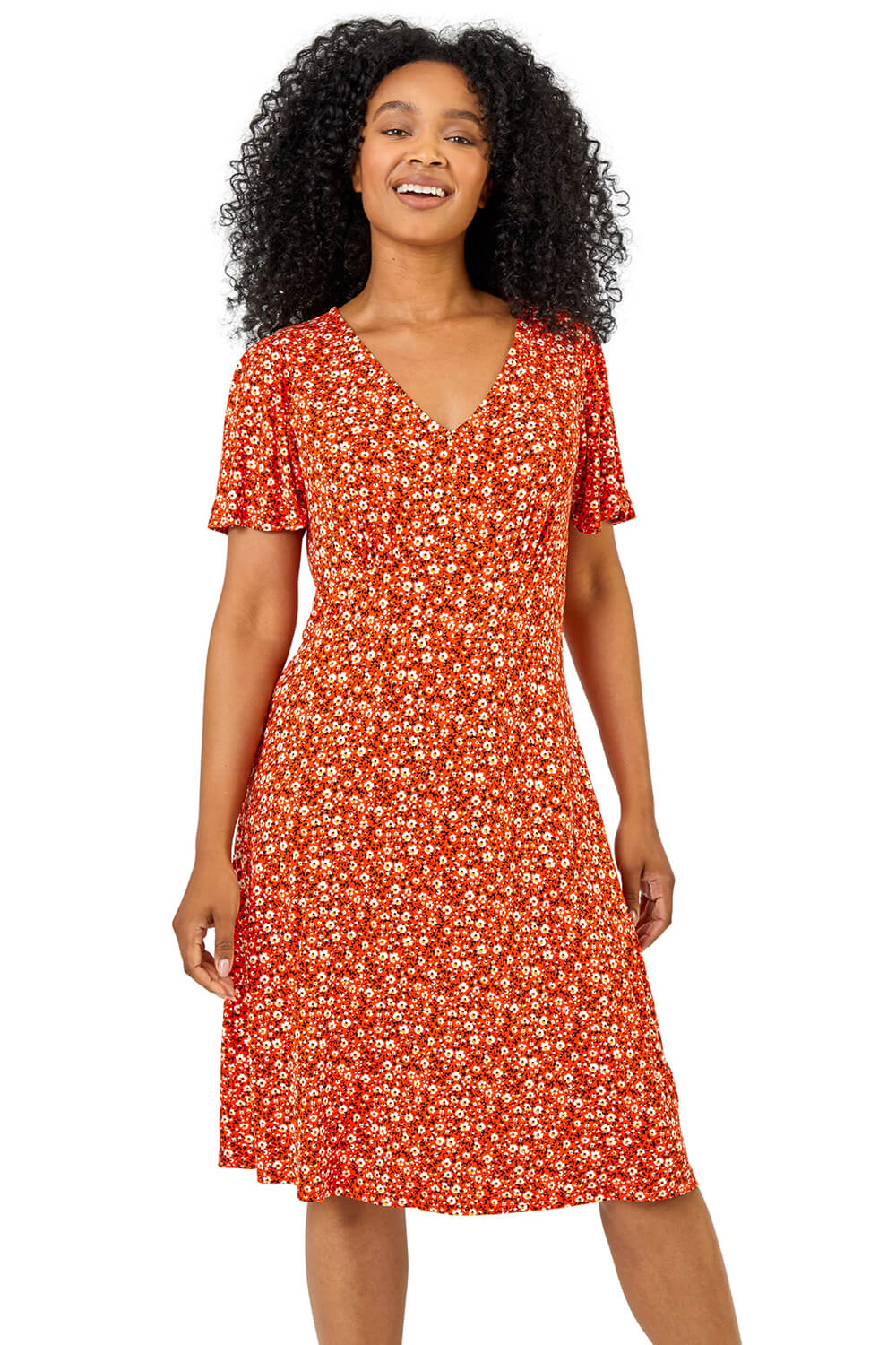 Roman Petite Womens Floral Print Stretch Jersey Dress - Red Denim - Size 8 UK