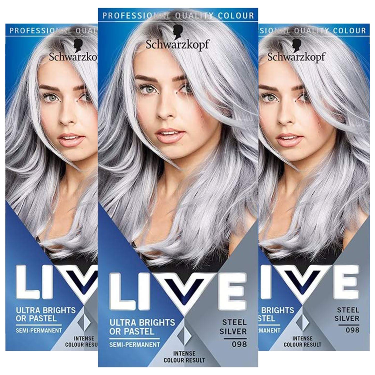 Schwarzkopf Womens 3x LIVE Steel Silver Semi-Permanent Hair Dye, Ultra Brights 098 - Black - One Size