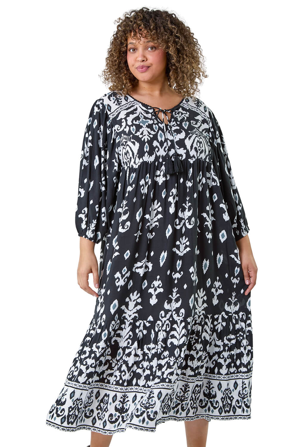 Roman Curve Womens Boho Print Tiered Midi Dress - Black Denim - Size 20 UK