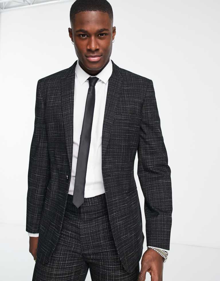 ASOS DESIGN Mens skinny suit jacket in crosshatch in black - Size 36 (Chest)