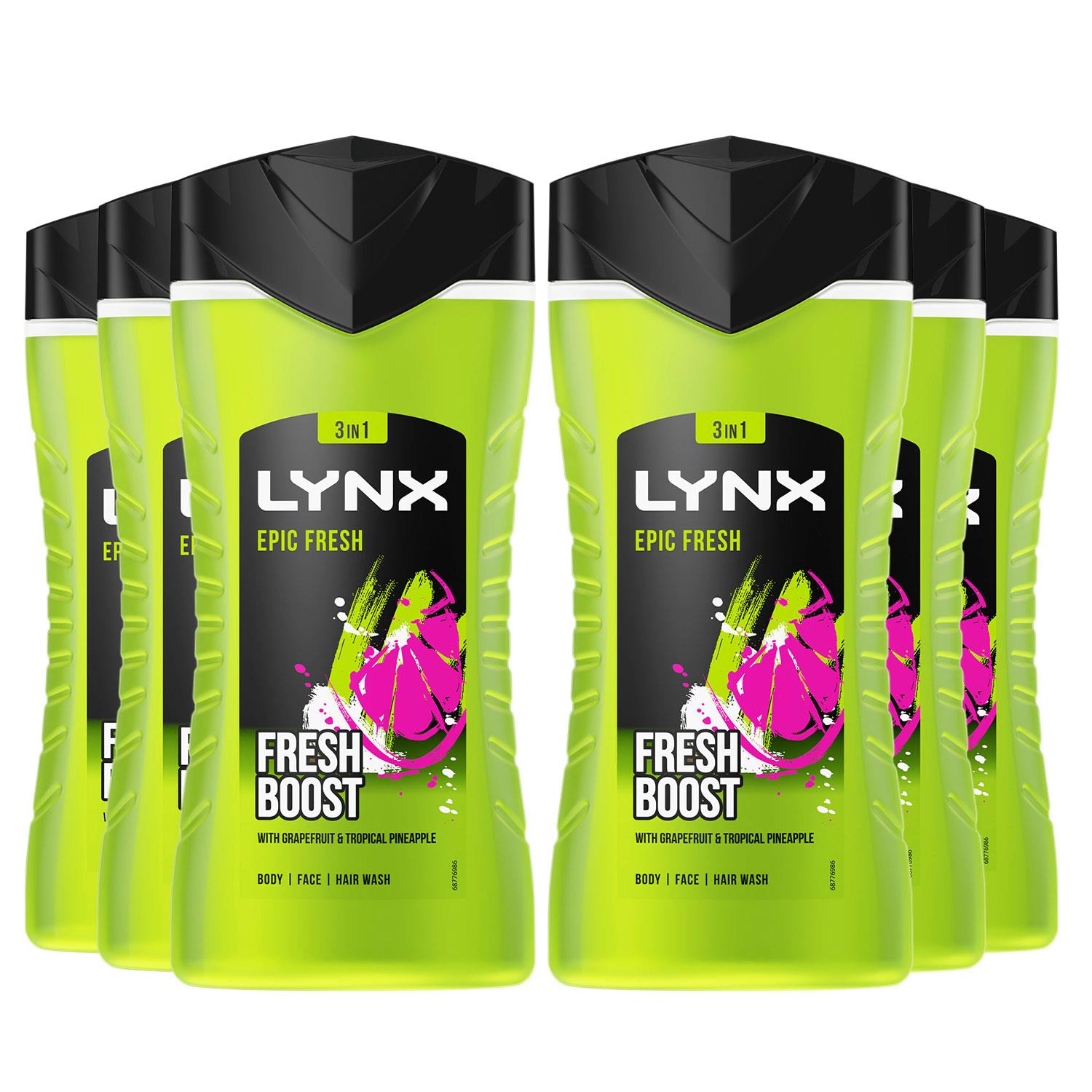 Lynx Mens Shower Gel Epic Fresh Grapefruit & Tropical Pineapple Scent 225ml, 6 Pack - NA Silk - One Size