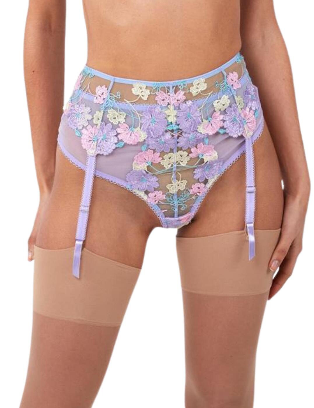 Playful Promises Womens Luna Embroidery Picot Suspender Belt - Purple Polyamide - Size 2XL