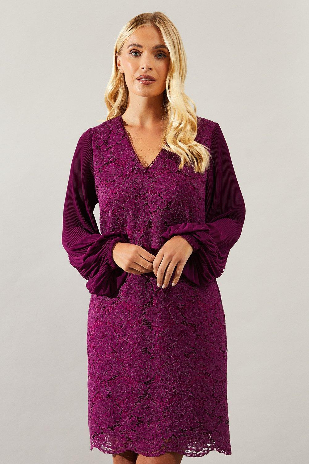 Wallis Womens Petite Occasion Lace Pleat Sleeve Shift Dress - Purple - Size 10 UK