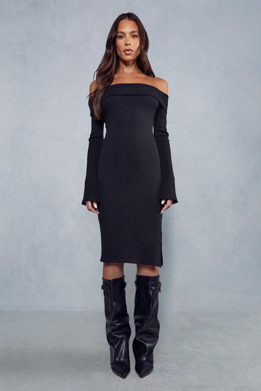 Misspap Womens Rib Off The Shoulder Long Sleeve Midi Dress - Black Cotton - Size 16 Uk