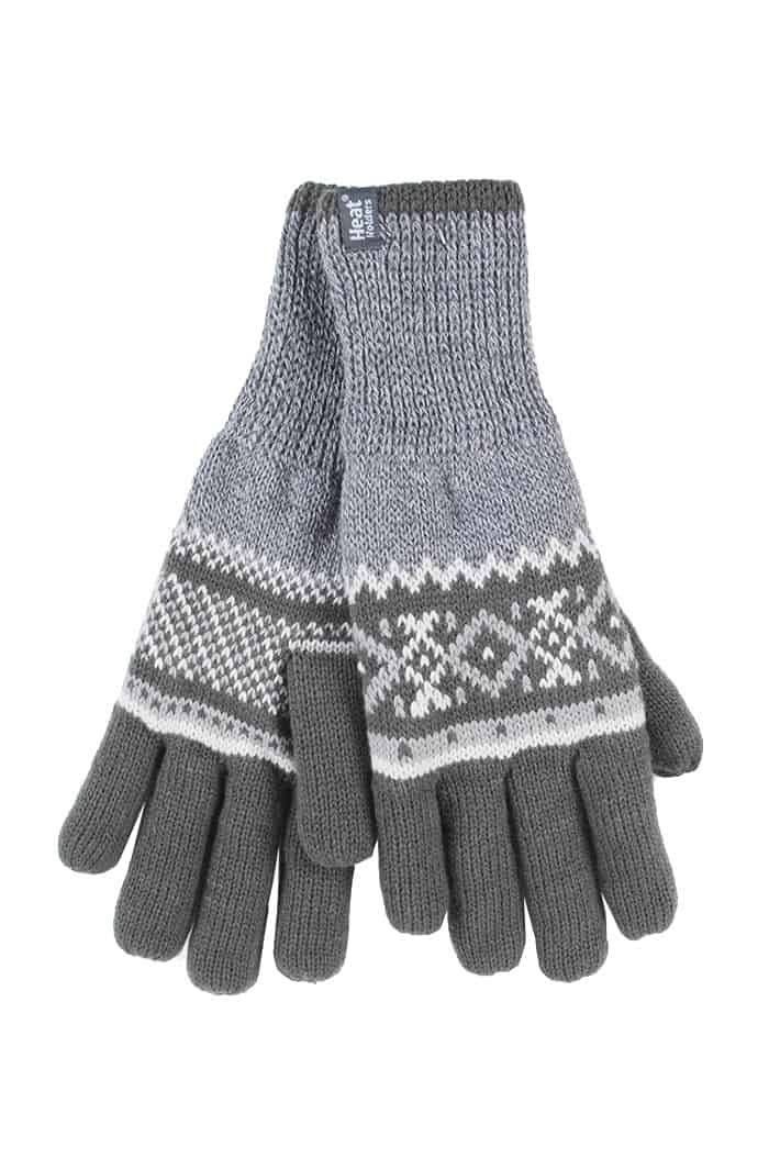 Heat Holders Mens Striped Nordic Fairisle Zig Zag Knitted Fleece Lined Warm Gloves - Grey - Size X-Small/Small