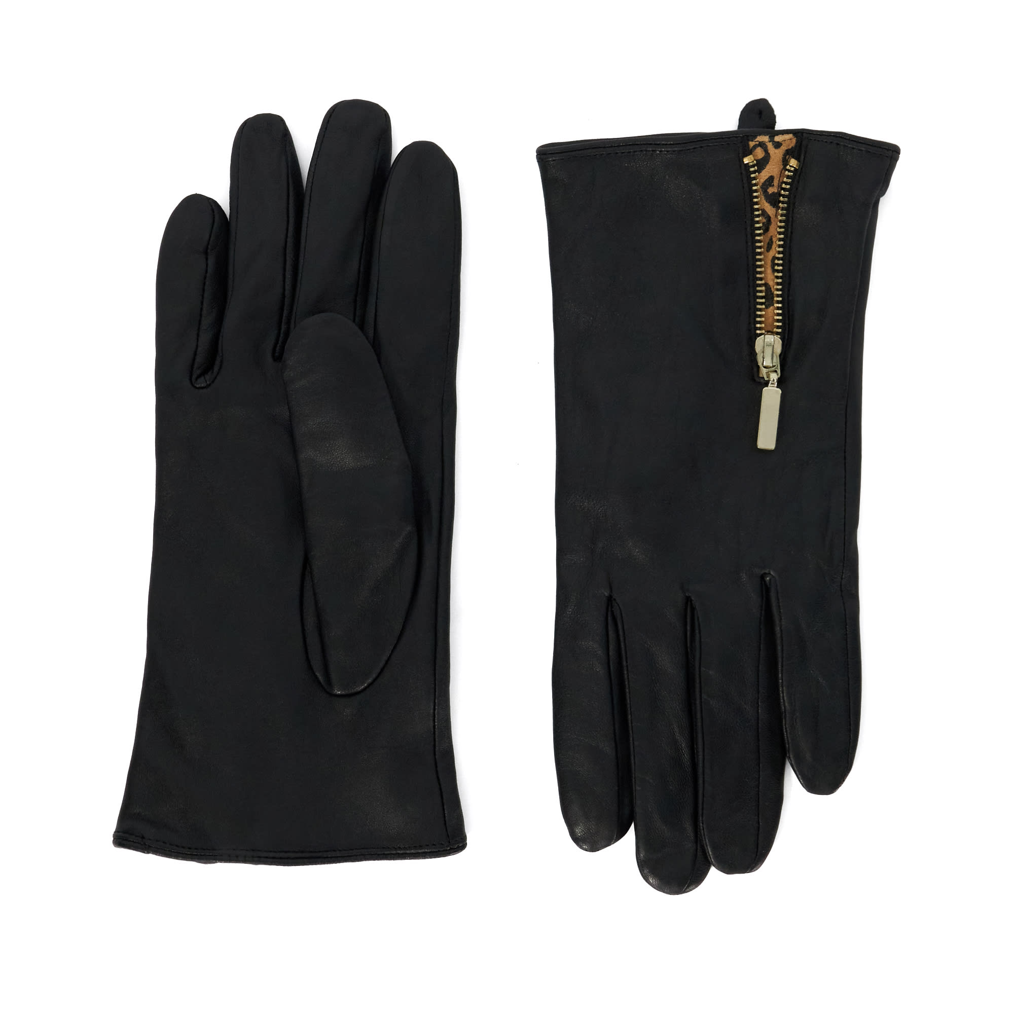 Dune London Womens Accessories Iddaho - Leopard Print Lined Gloves - Black Leather - Size Small/Medium