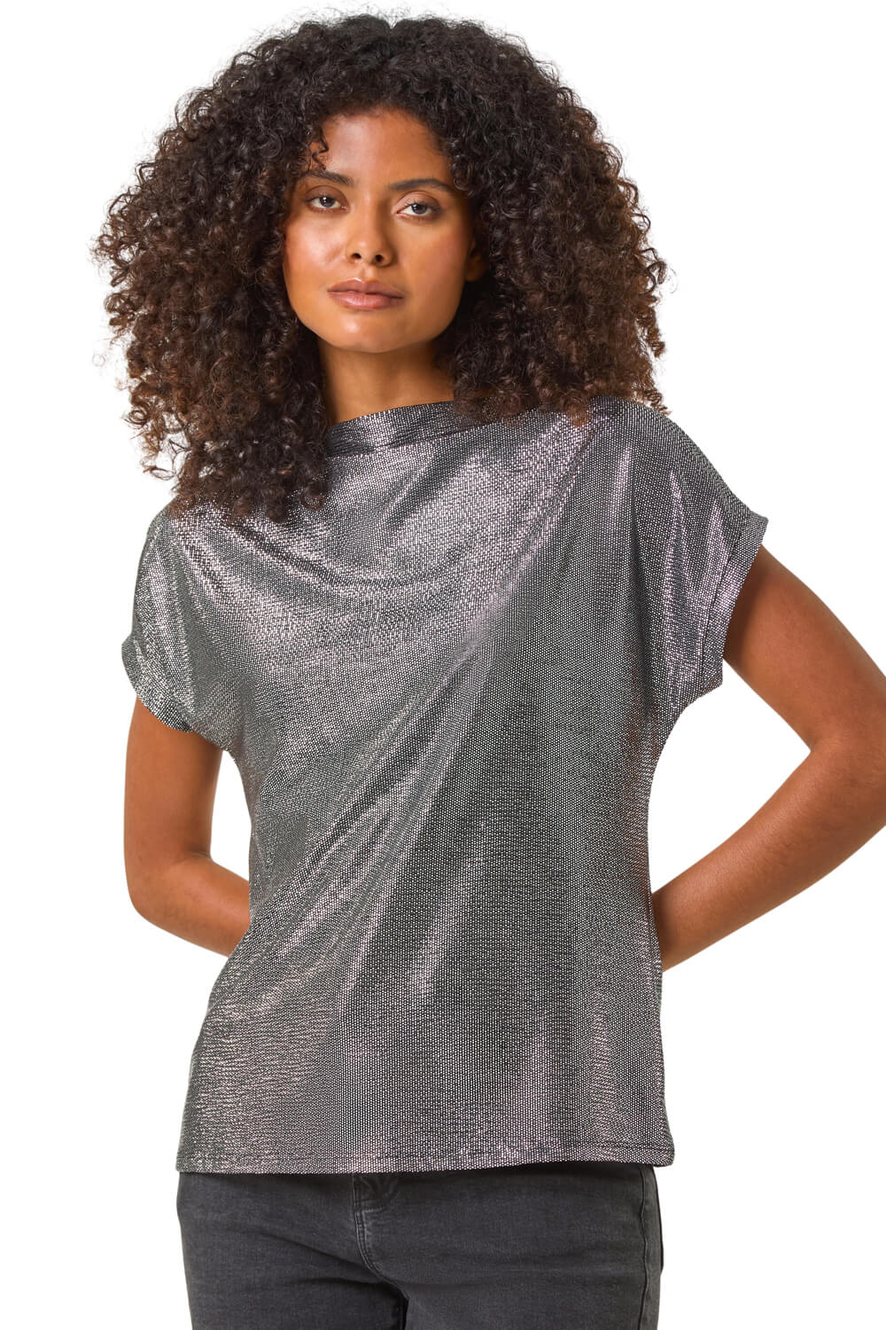 Dusk Womens Metallic Cowl Neck Stretch Top - Silver - Size 14 UK