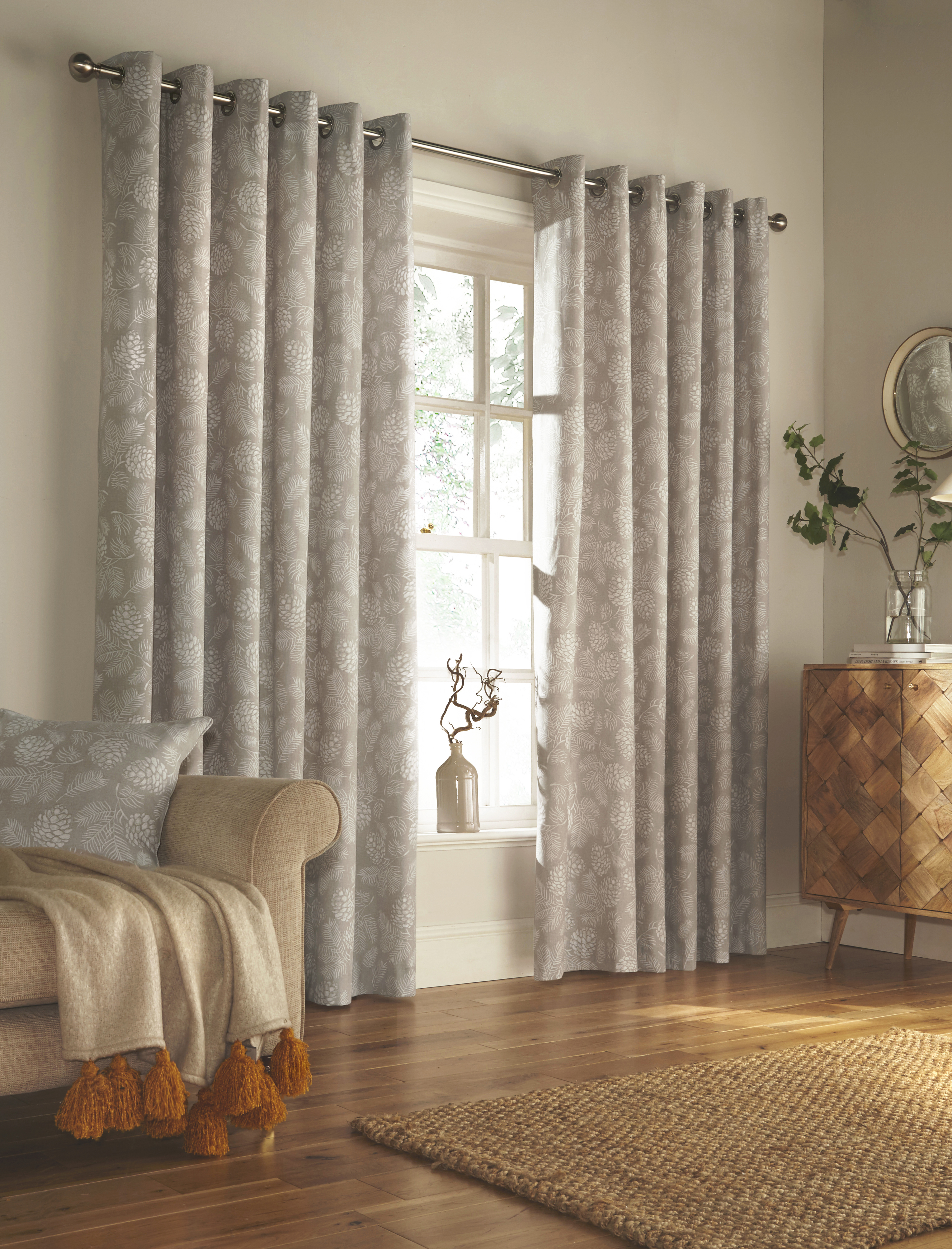 furn. Irwin Printed Woodland Eyelet Curtains in Stone - Multicolour Cotton - Size 168cm (w) x 137cm (l)