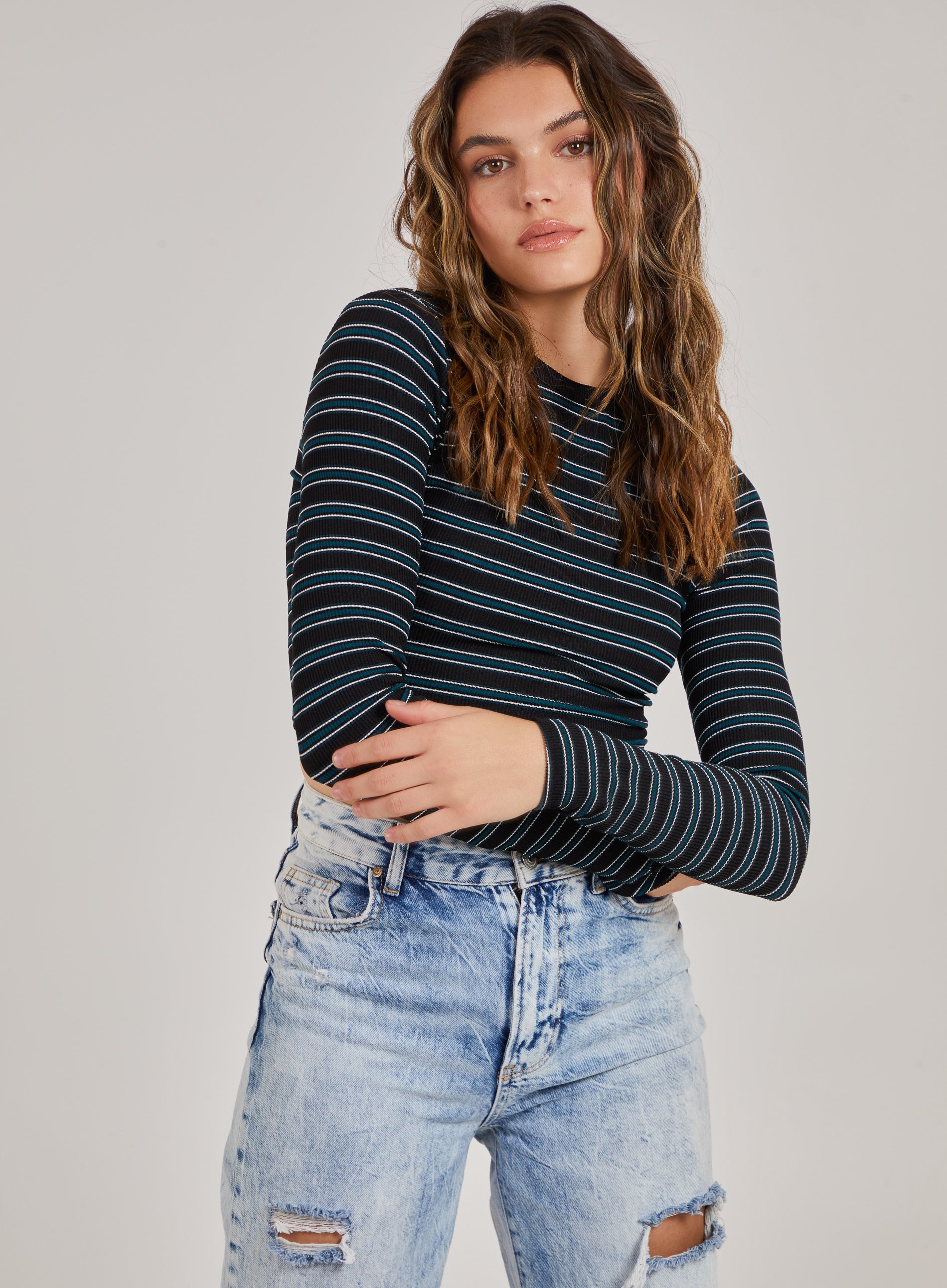 Pink Vanilla Women's Striped Long Sleeve Top in Bottle Green | Size: Large