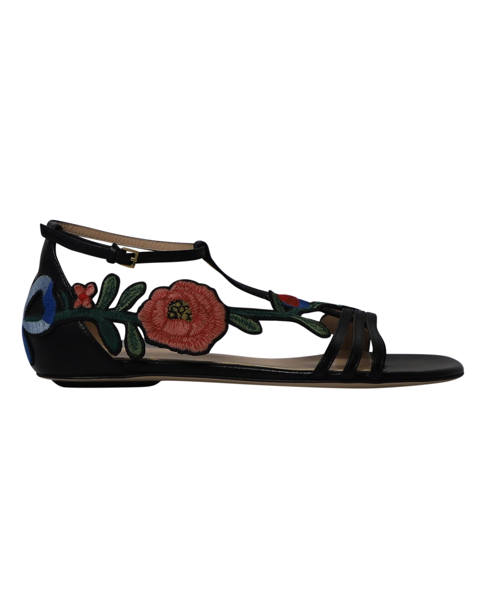 Gucci Ophelia Floral-gestickte Flachsandalen aus schwarzem Leder