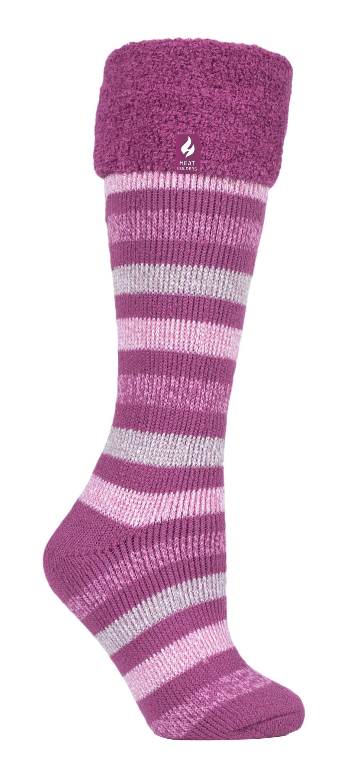 Thumbnail - Heat Holders - Damen / Herren Extra lange gestreifte Gummistiefelsocken | Thermosocken mit Bündchen - Pink Stripe