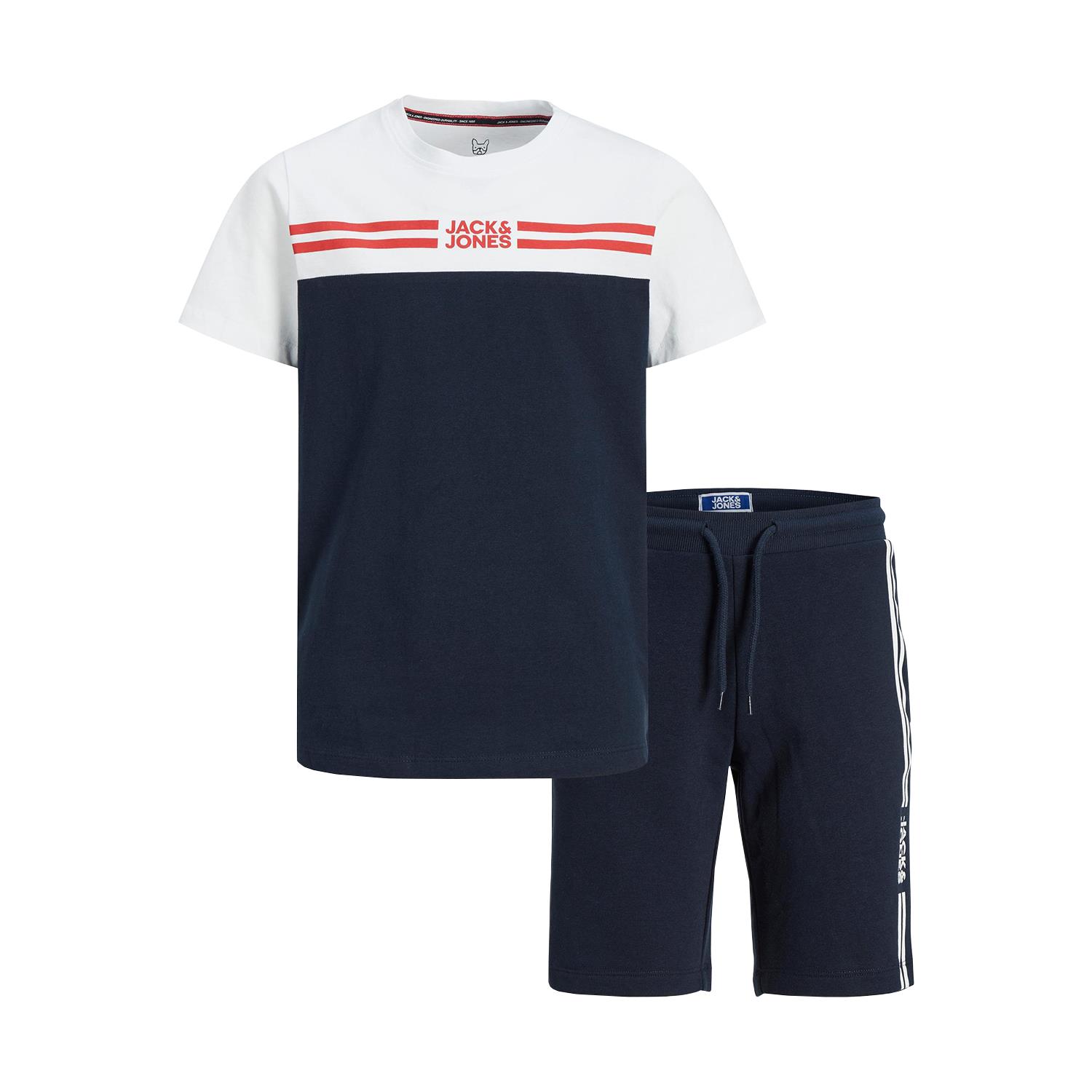Jack & Jones Mens Junior Logo Tee & Shorts 2Pk Set - White Cotton - Size 9-10Y